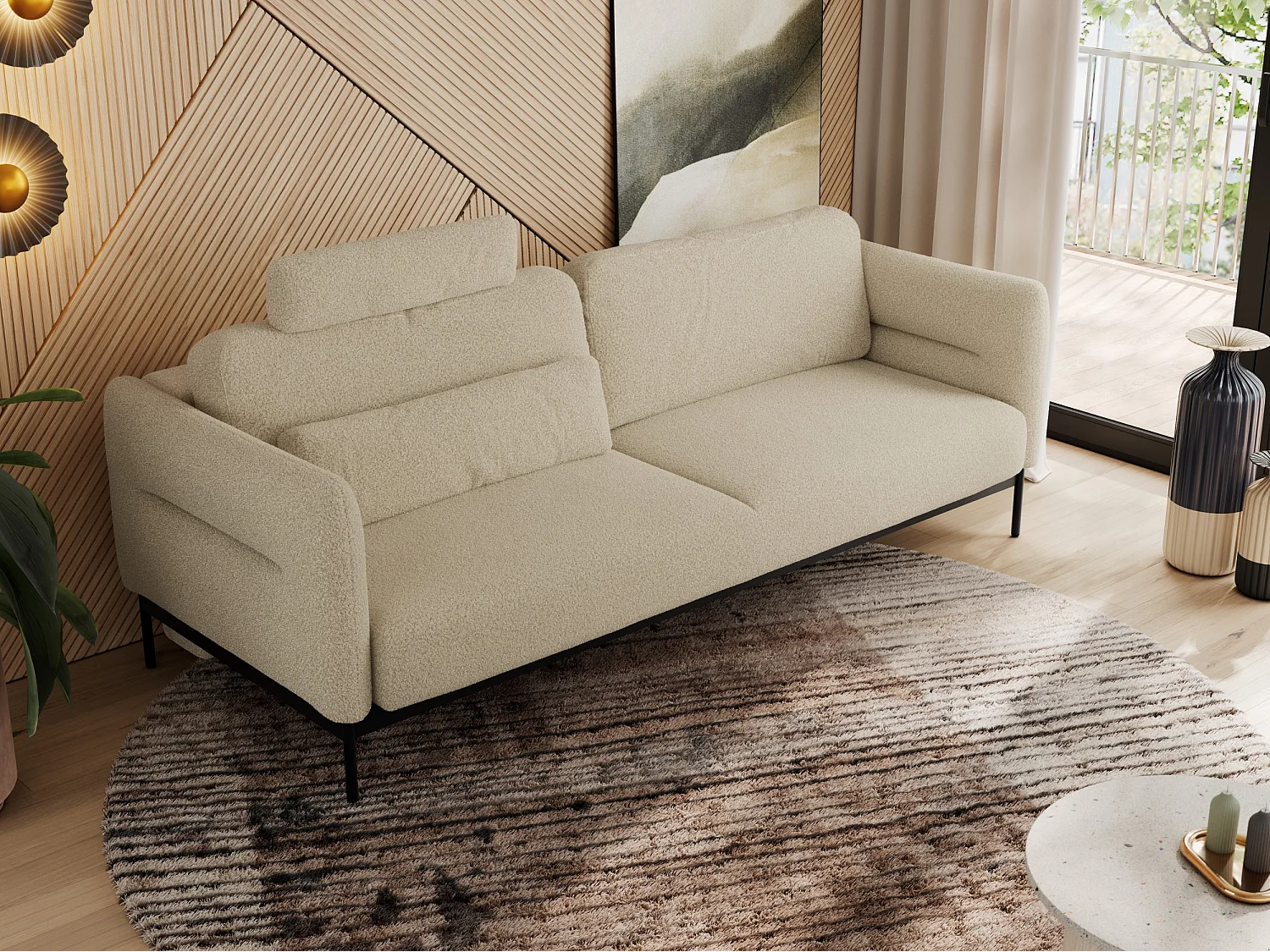 Sofa SALENTO - 3-Sitzer mit Metallbeine, mobile Kopfstütze, Schlafsofa mit lose Kissen - Beige Boucle