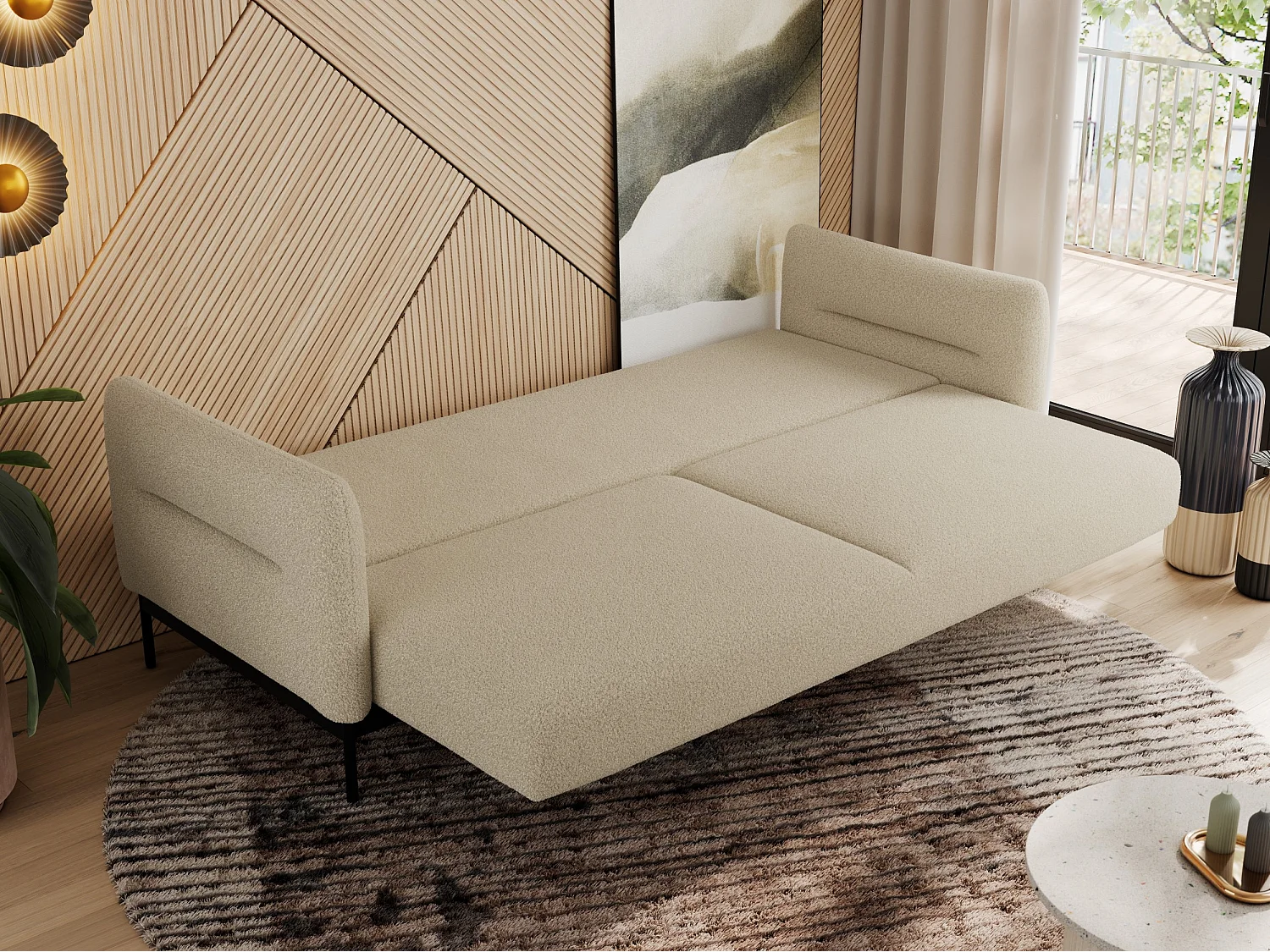 Sofa SALENTO - 3-Sitzer mit Metallbeine, mobile Kopfstütze, Schlafsofa mit lose Kissen - Beige Boucle