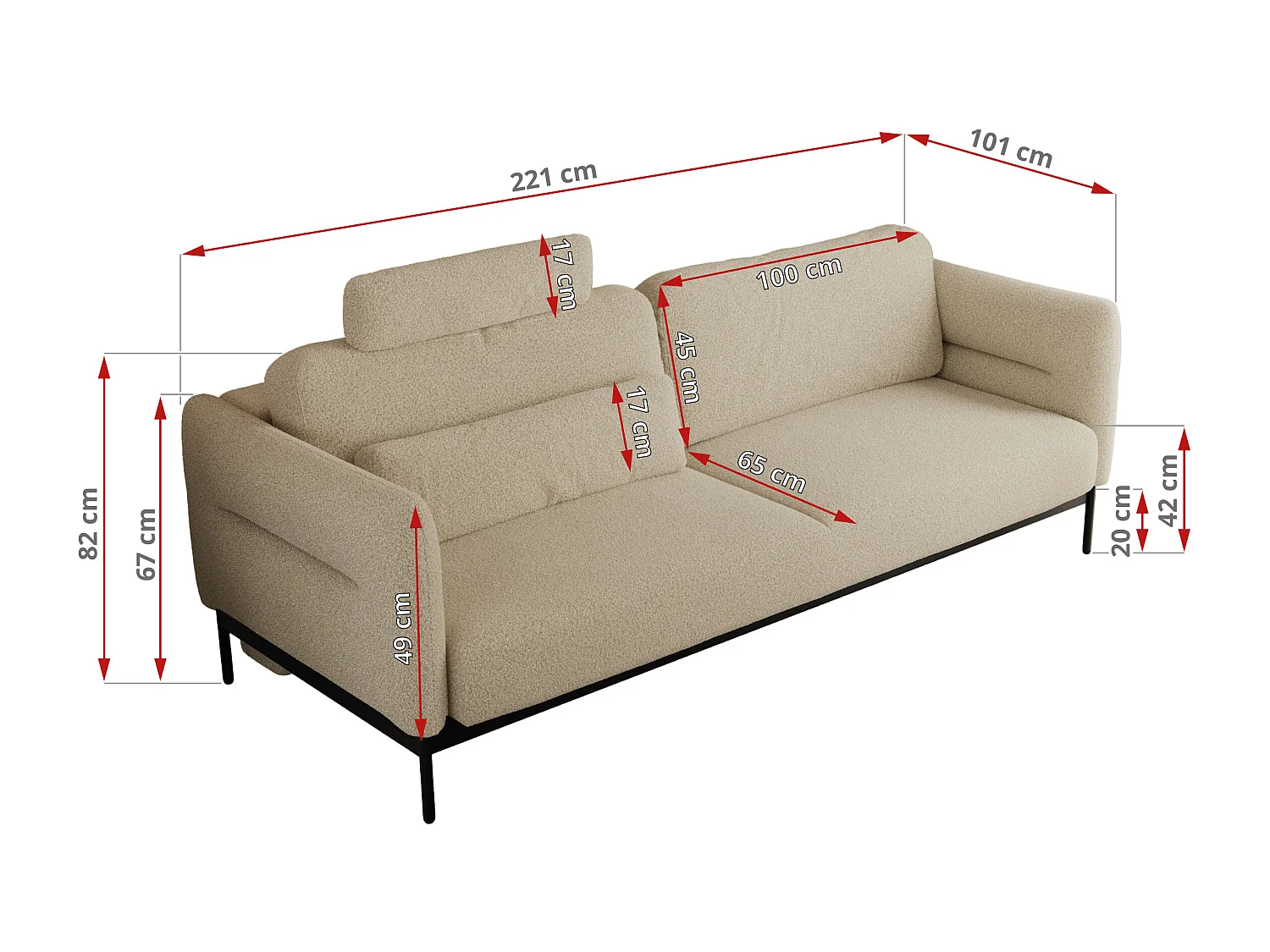 Sofa SALENTO - 3-Sitzer mit Metallbeine, mobile Kopfstütze, Schlafsofa mit lose Kissen - Beige Boucle