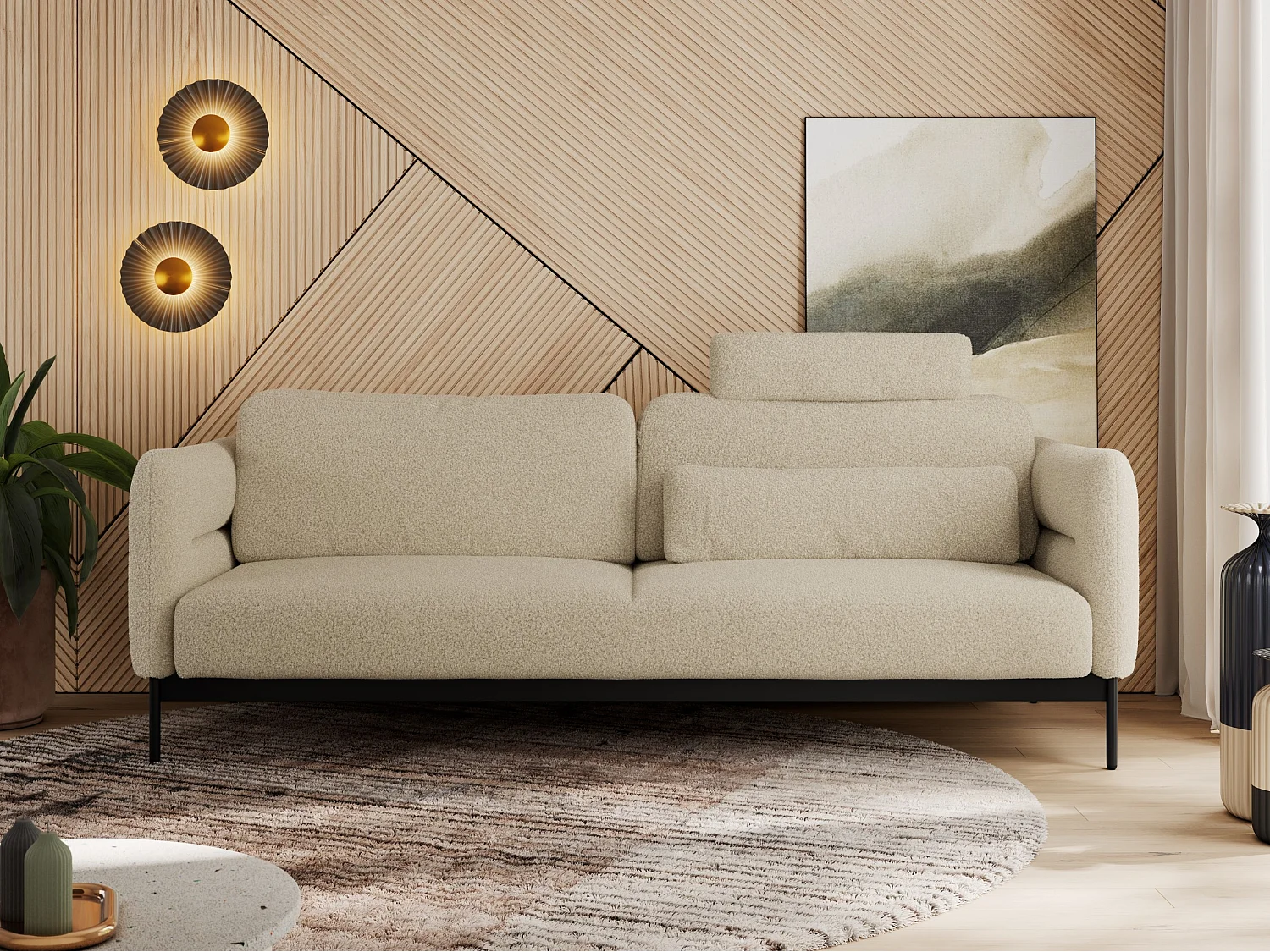 Sofa SALENTO - 3-Sitzer mit Metallbeine, mobile Kopfstütze, Schlafsofa mit lose Kissen - Beige Boucle