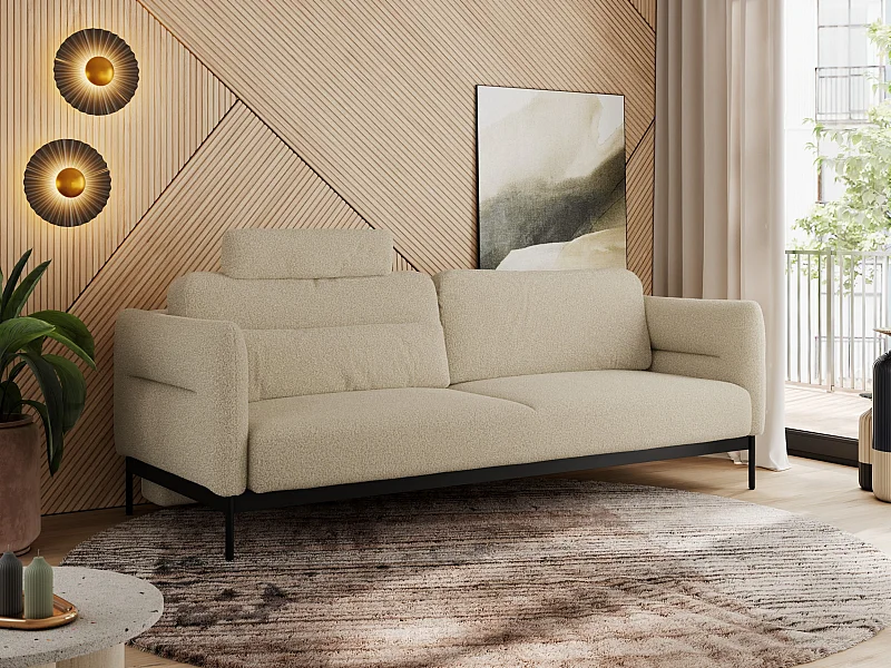 Sofa SALENTO - 3-Sitzer mit Metallbeine, mobile Kopfstütze, Schlafsofa mit lose Kissen - Beige Boucle