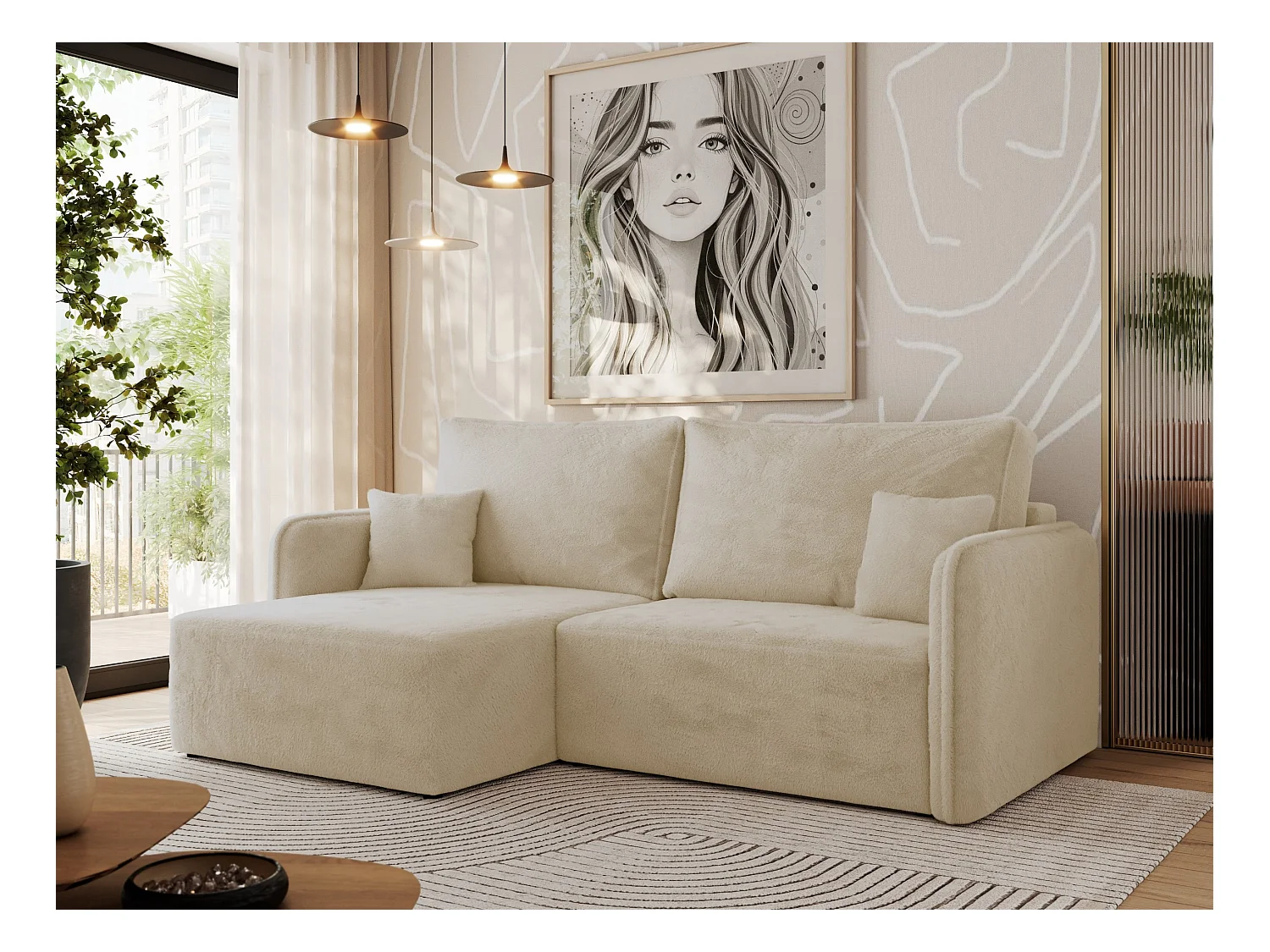 Ecksofa MESTO - Schlaffunktion und Bettkasten, L-form Couch für das Wohnzimmer, Armlehnen - Creme Plüsch - Ecke Links