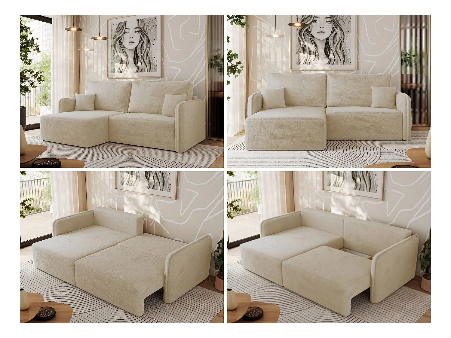 Ecksofa MESTO - Schlaffunktion und Bettkasten, L-form Couch für das Wohnzimmer, Armlehnen - Creme Plüsch - Ecke Links