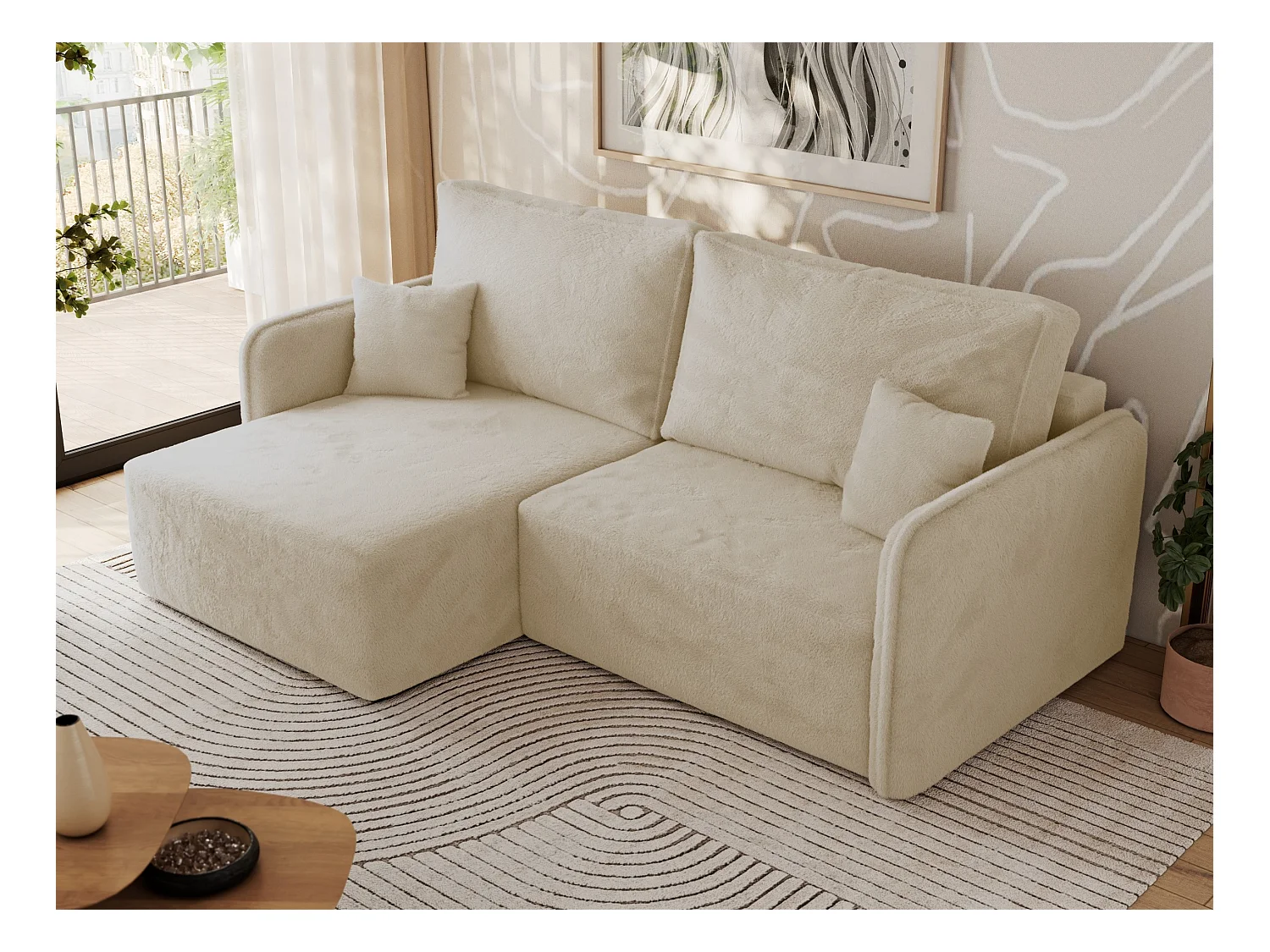 Ecksofa MESTO - Schlaffunktion und Bettkasten, L-form Couch für das Wohnzimmer, Armlehnen - Creme Plüsch - Ecke Links