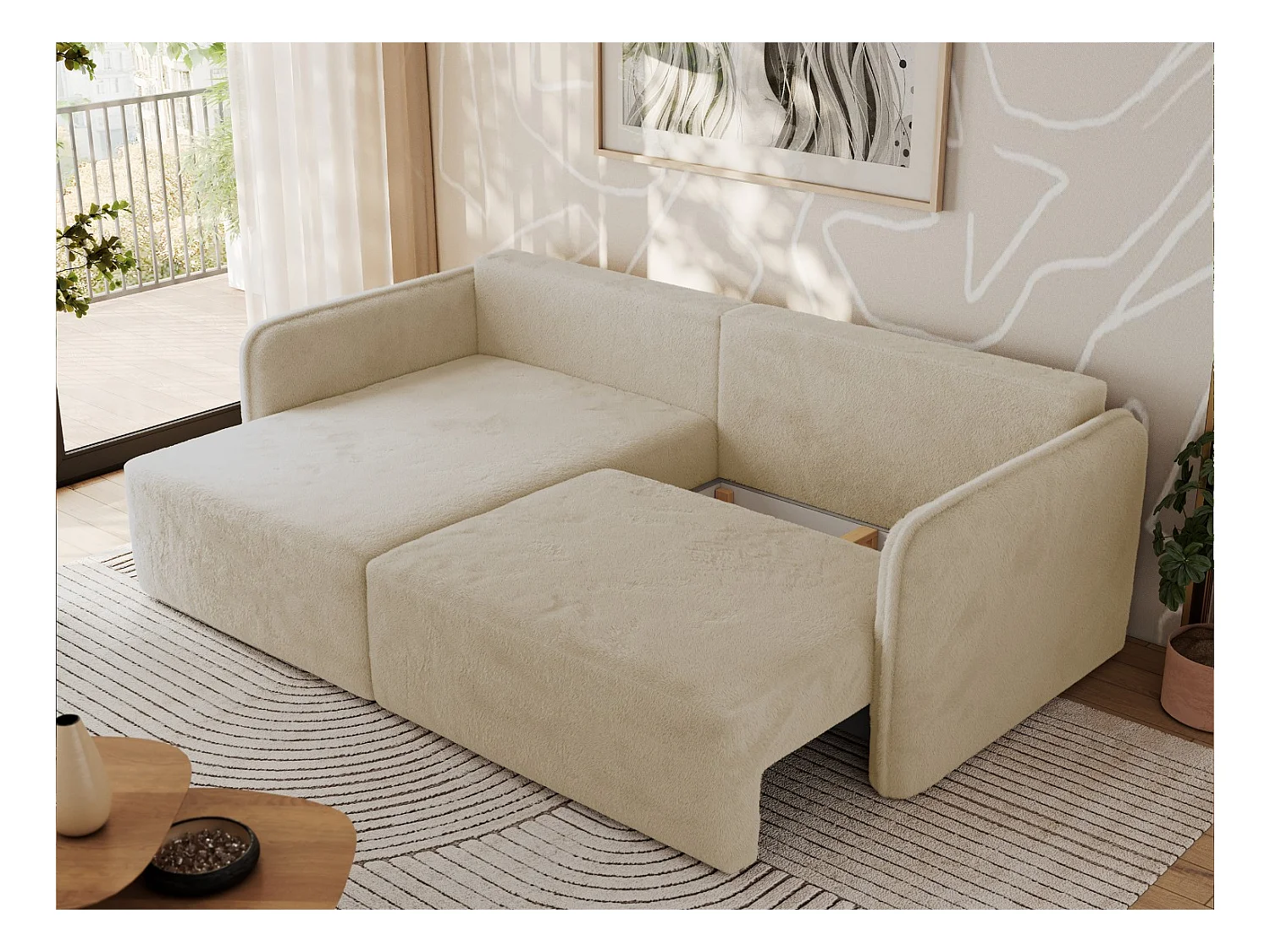 Ecksofa MESTO - Schlaffunktion und Bettkasten, L-form Couch für das Wohnzimmer, Armlehnen - Creme Plüsch - Ecke Links