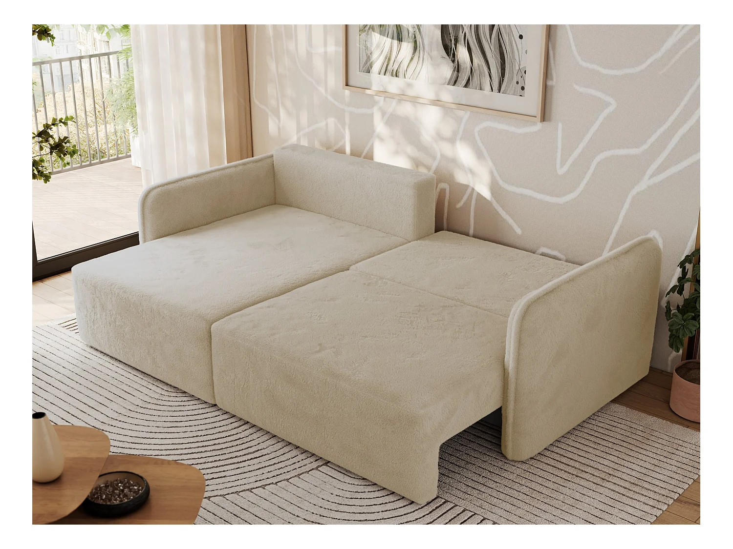 Ecksofa MESTO - Schlaffunktion und Bettkasten, L-form Couch für das Wohnzimmer, Armlehnen - Creme Plüsch - Ecke Links
