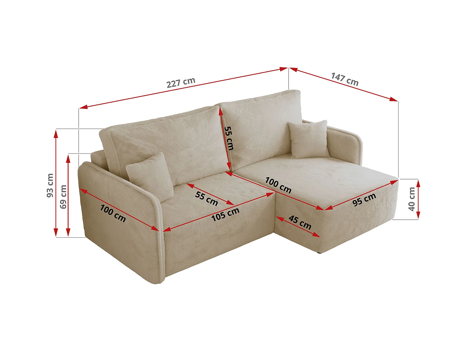 Ecksofa MESTO - Schlaffunktion und Bettkasten, L-form Couch für das Wohnzimmer, Armlehnen - Creme Plüsch - Ecke Links