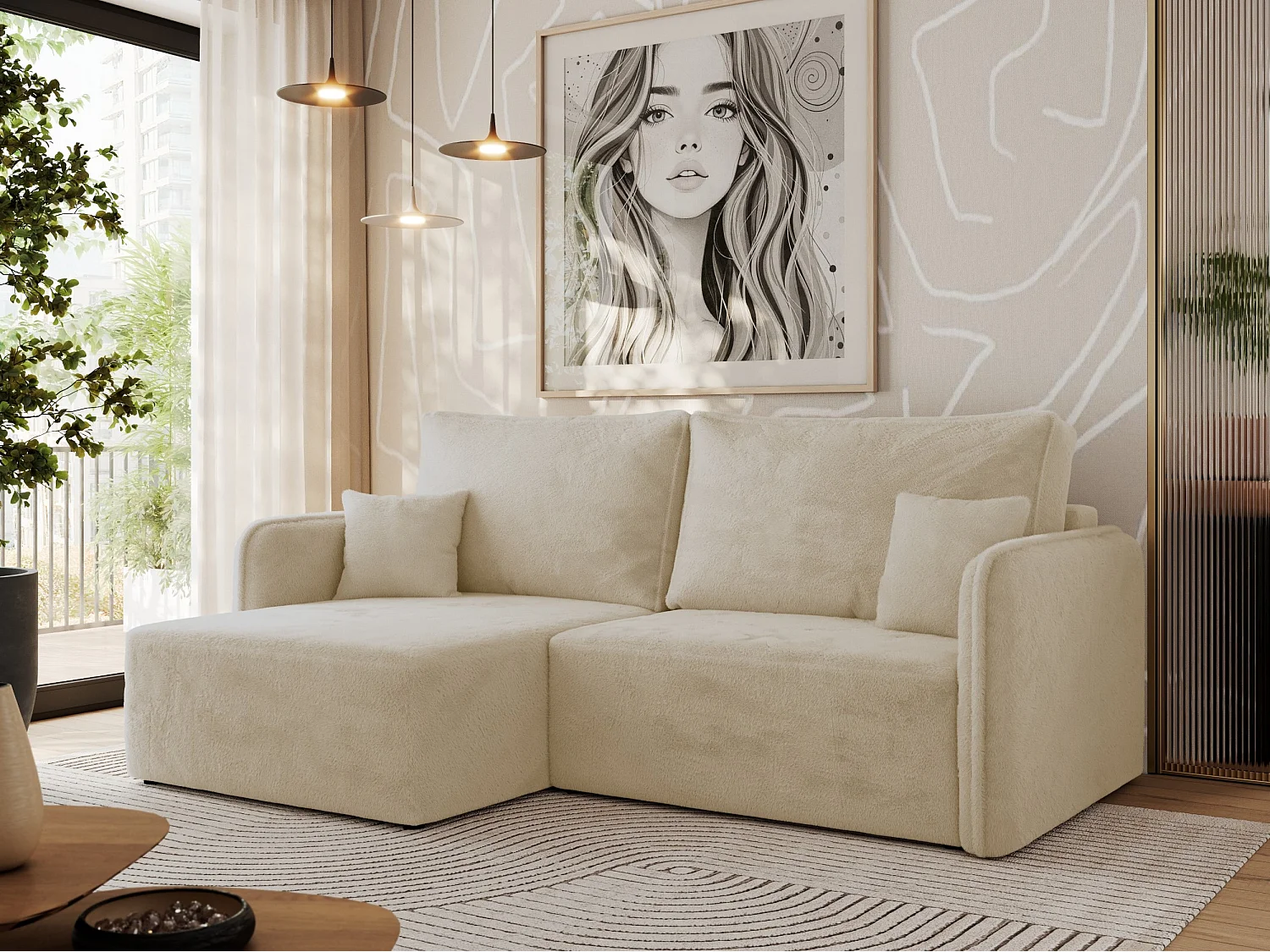 Ecksofa MESTO - Schlaffunktion und Bettkasten, L-form Couch für das Wohnzimmer, Armlehnen - Creme Plüsch - Ecke Links