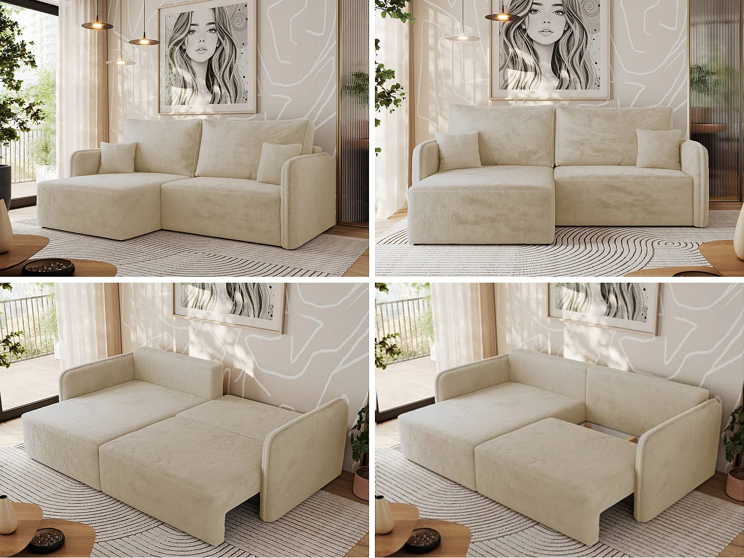 Ecksofa MESTO - Schlaffunktion und Bettkasten, L-form Couch für das Wohnzimmer, Armlehnen - Creme Plüsch - Ecke Links