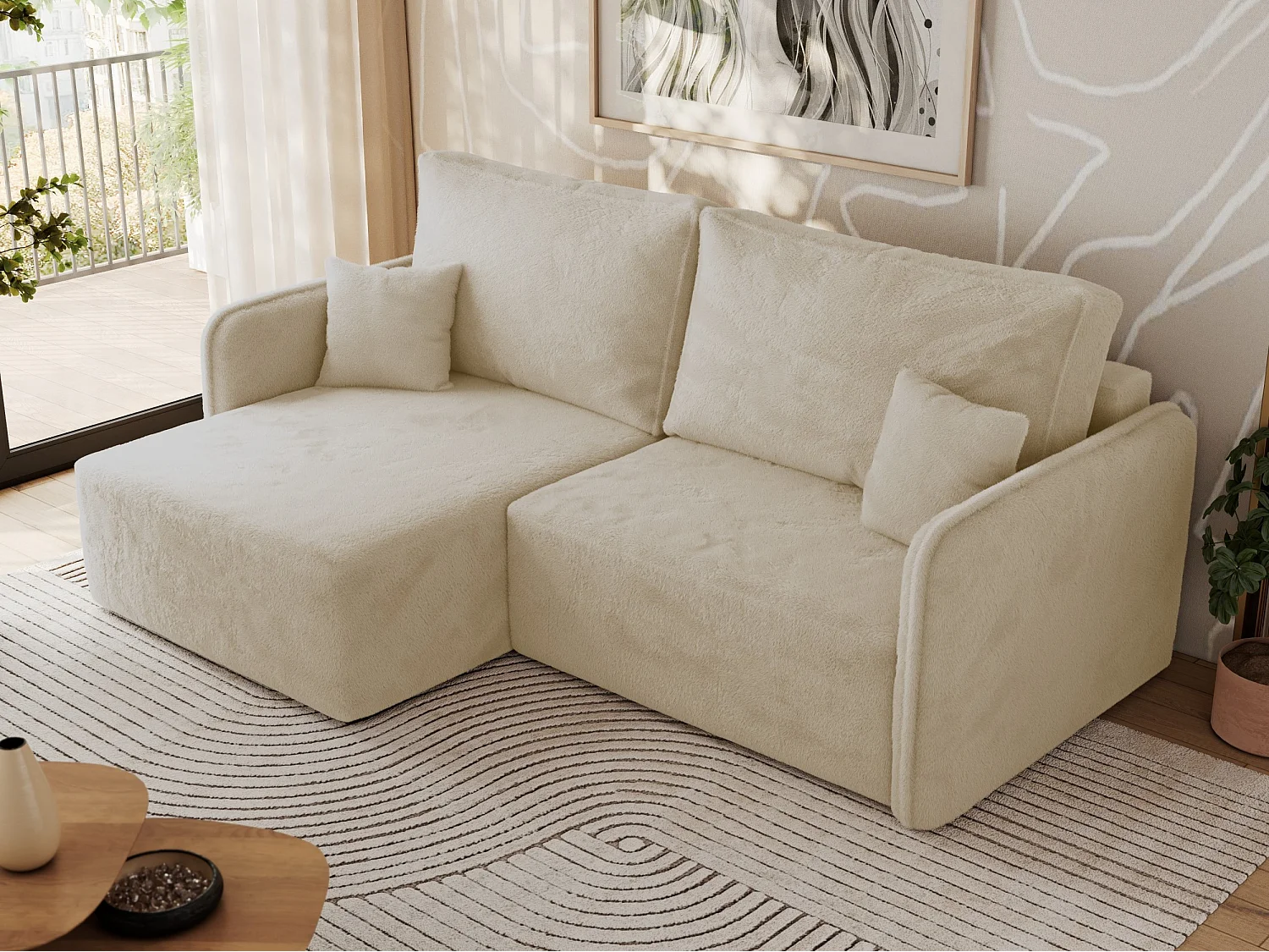 Ecksofa MESTO - Schlaffunktion und Bettkasten, L-form Couch für das Wohnzimmer, Armlehnen - Creme Plüsch - Ecke Links