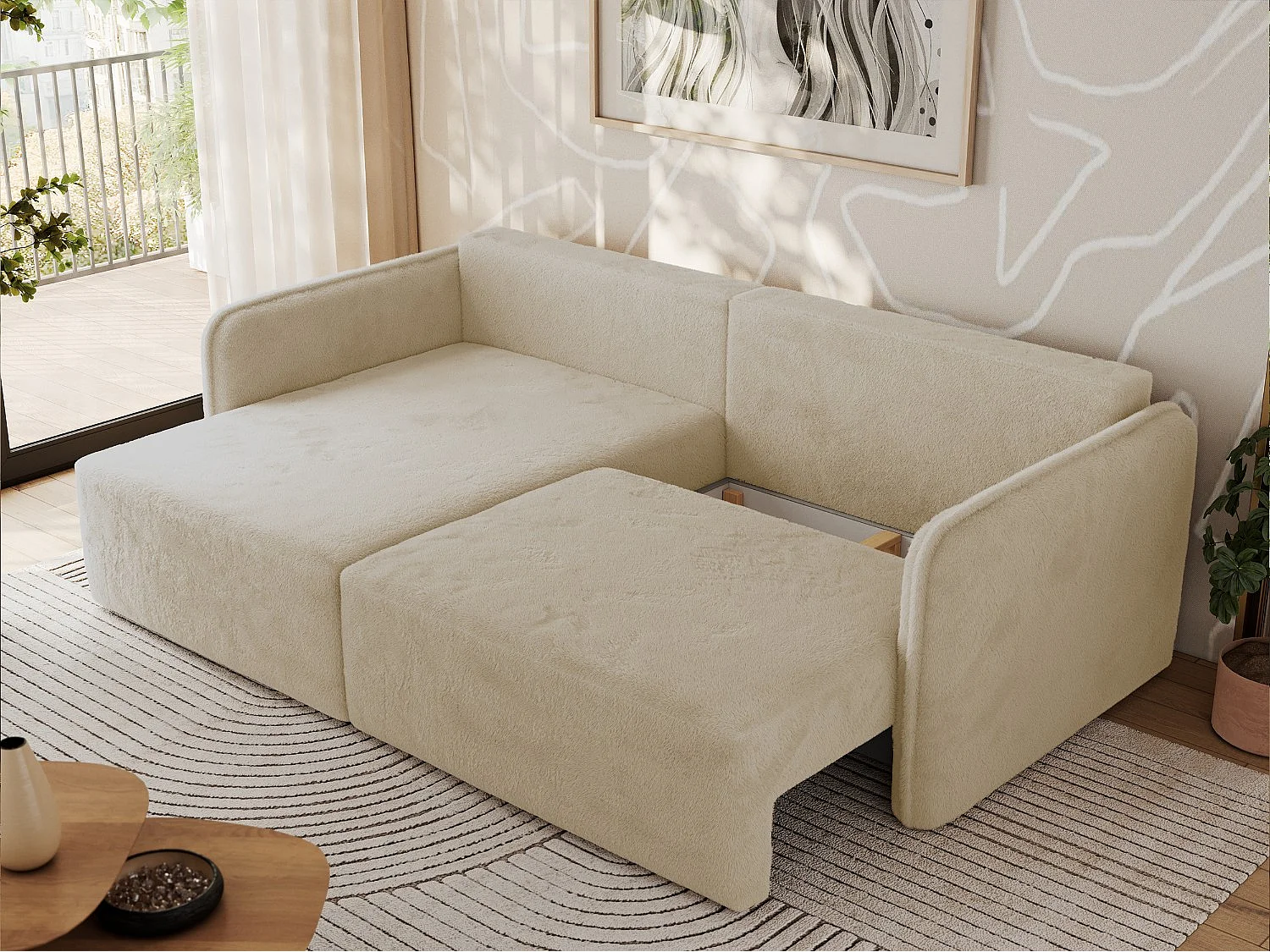 Ecksofa MESTO - Schlaffunktion und Bettkasten, L-form Couch für das Wohnzimmer, Armlehnen - Creme Plüsch - Ecke Links