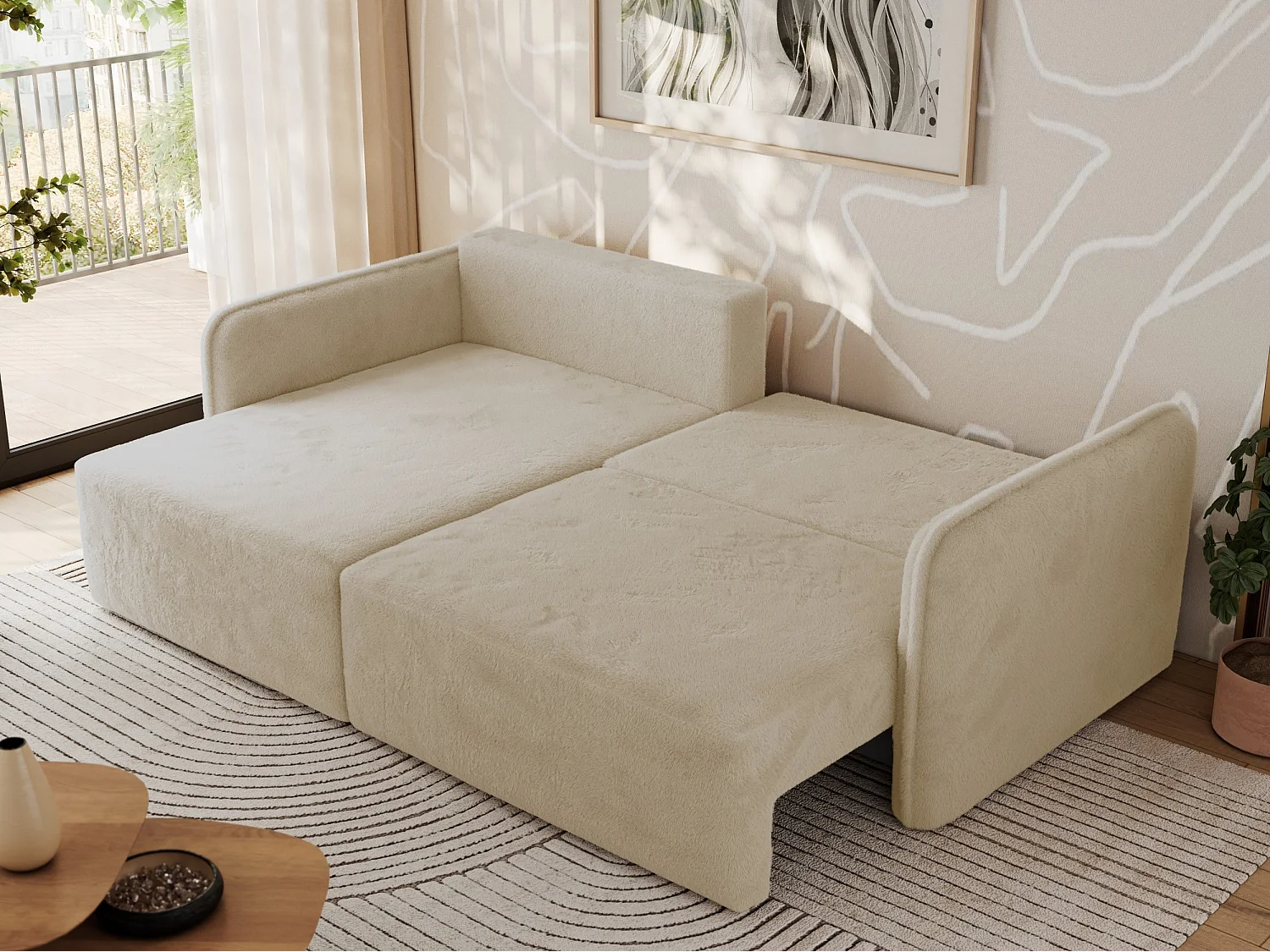 Ecksofa MESTO - Schlaffunktion und Bettkasten, L-form Couch für das Wohnzimmer, Armlehnen - Creme Plüsch - Ecke Links