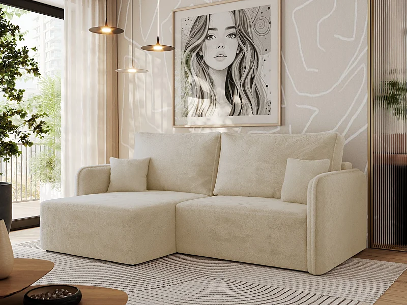 Ecksofa MESTO - Schlaffunktion und Bettkasten, L-form Couch für das Wohnzimmer, Armlehnen - Creme Plüsch - Ecke Links