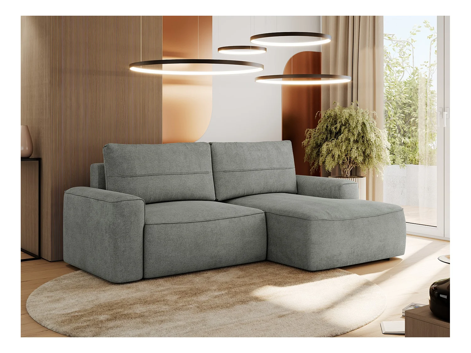 Ecksofa BELLUNO - Schlafsofa mit Bettkasten, Armlehnen, Couch L-form mit Schlaffunktion - Grau Strukture - Ecke Rechts