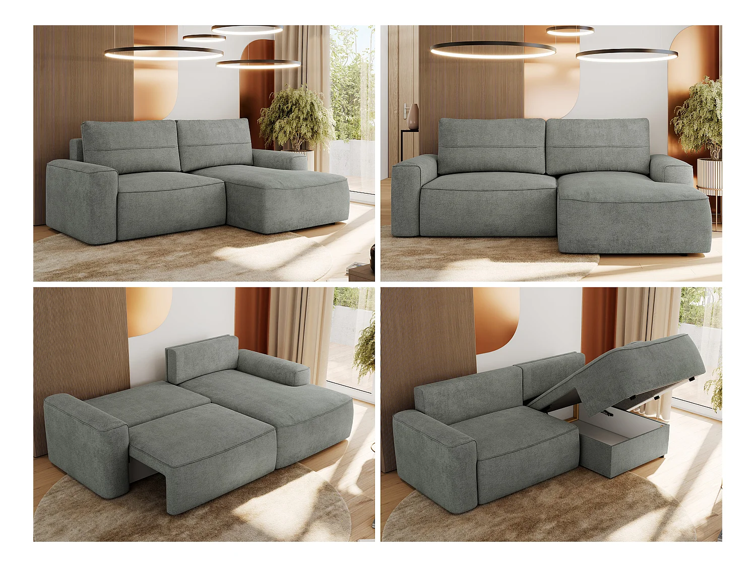 Ecksofa BELLUNO - Schlafsofa mit Bettkasten, Armlehnen, Couch L-form mit Schlaffunktion - Grau Strukture - Ecke Rechts