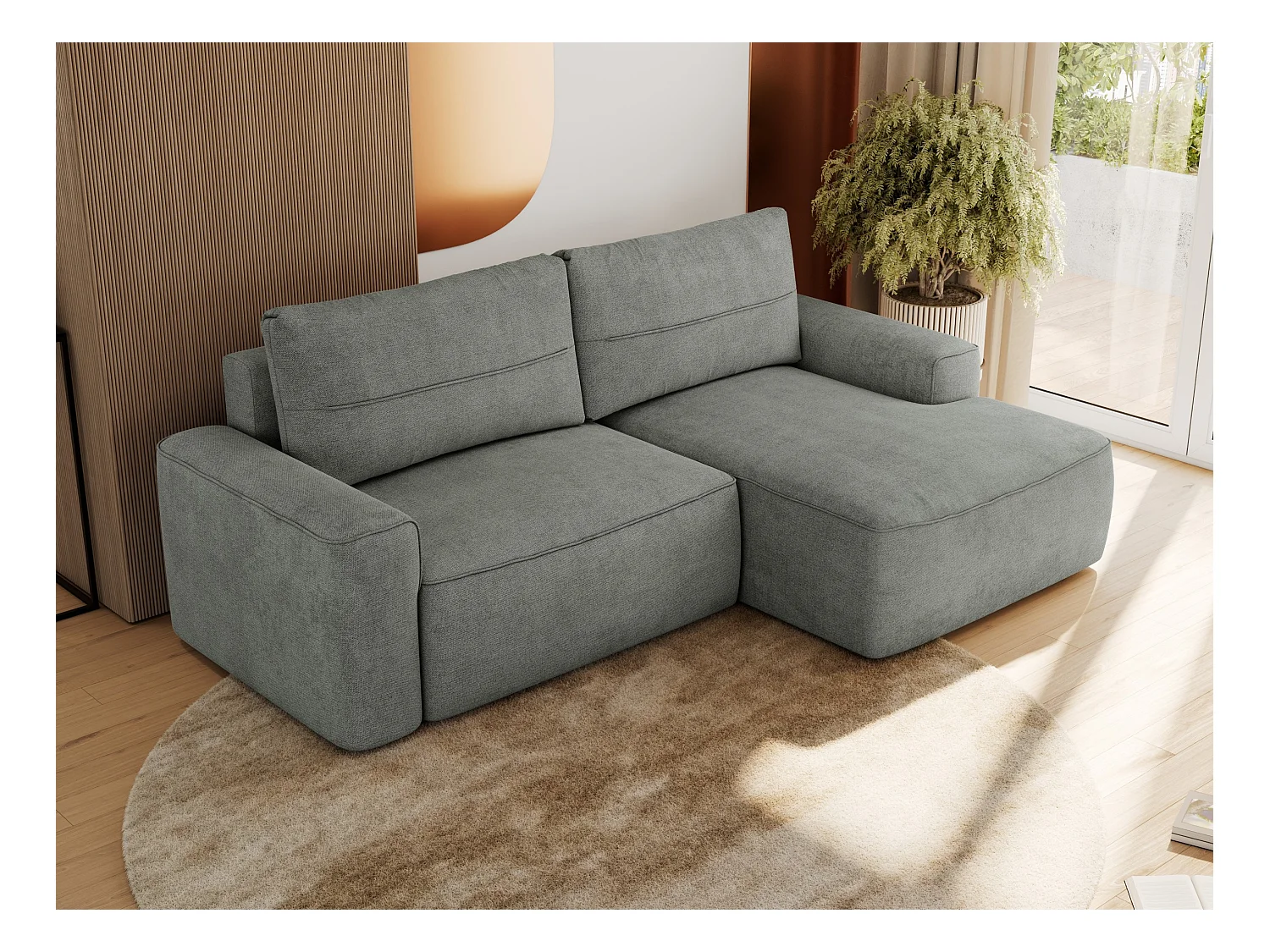Ecksofa BELLUNO - Schlafsofa mit Bettkasten, Armlehnen, Couch L-form mit Schlaffunktion - Grau Strukture - Ecke Rechts