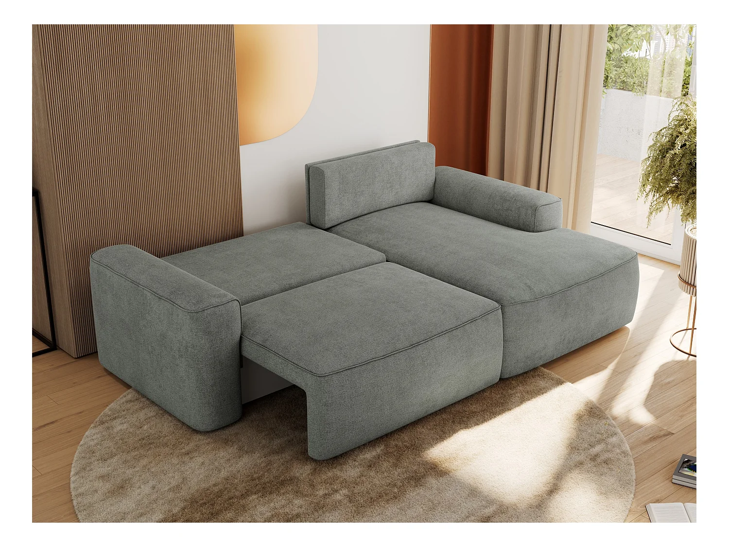 Ecksofa BELLUNO - Schlafsofa mit Bettkasten, Armlehnen, Couch L-form mit Schlaffunktion - Grau Strukture - Ecke Rechts