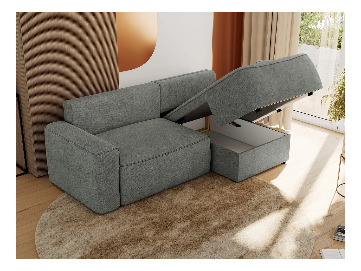 Ecksofa BELLUNO - Schlafsofa mit Bettkasten, Armlehnen, Couch L-form mit Schlaffunktion - Grau Strukture - Ecke Rechts