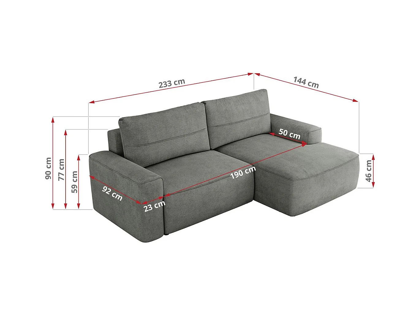 Ecksofa BELLUNO - Schlafsofa mit Bettkasten, Armlehnen, Couch L-form mit Schlaffunktion - Grau Strukture - Ecke Rechts