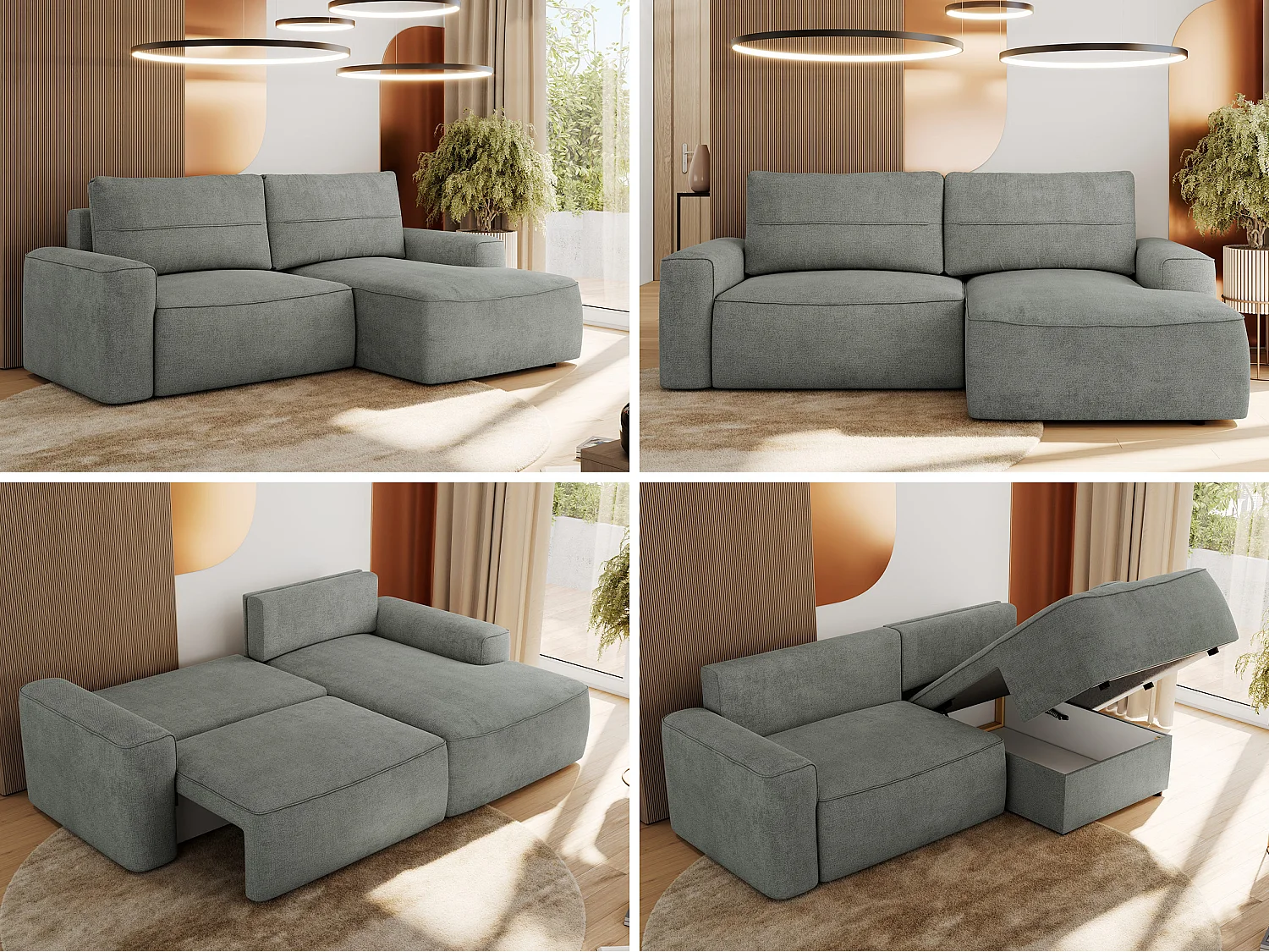 Ecksofa BELLUNO - Schlafsofa mit Bettkasten, Armlehnen, Couch L-form mit Schlaffunktion - Grau Strukture - Ecke Rechts