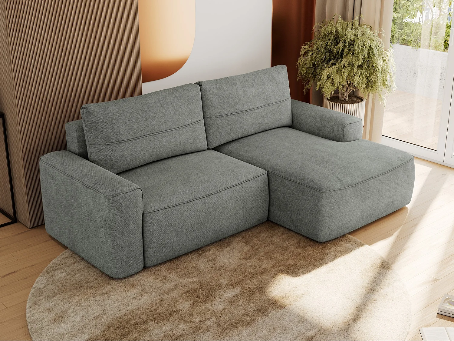 Ecksofa BELLUNO - Schlafsofa mit Bettkasten, Armlehnen, Couch L-form mit Schlaffunktion - Grau Strukture - Ecke Rechts