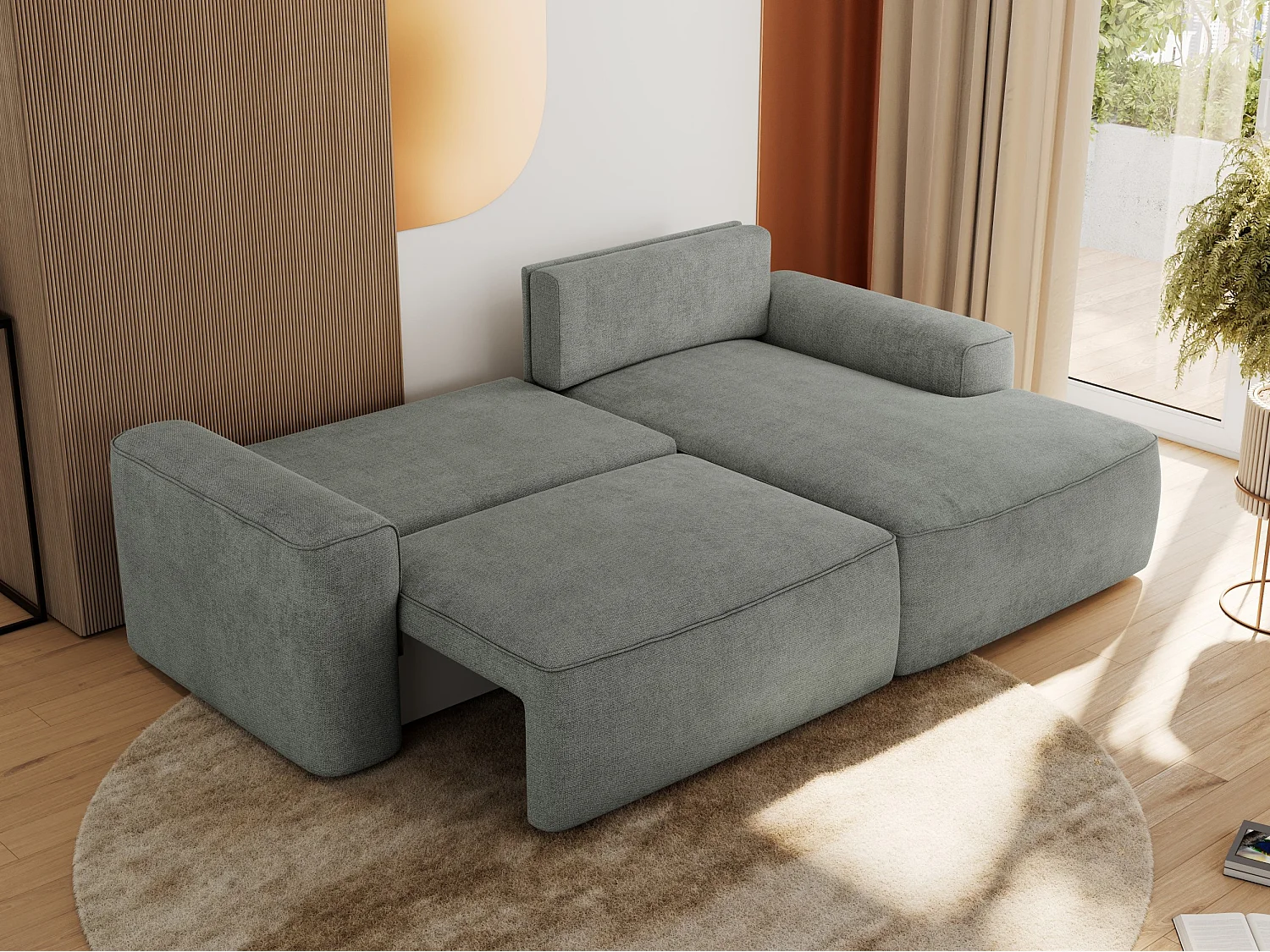 Ecksofa BELLUNO - Schlafsofa mit Bettkasten, Armlehnen, Couch L-form mit Schlaffunktion - Grau Strukture - Ecke Rechts