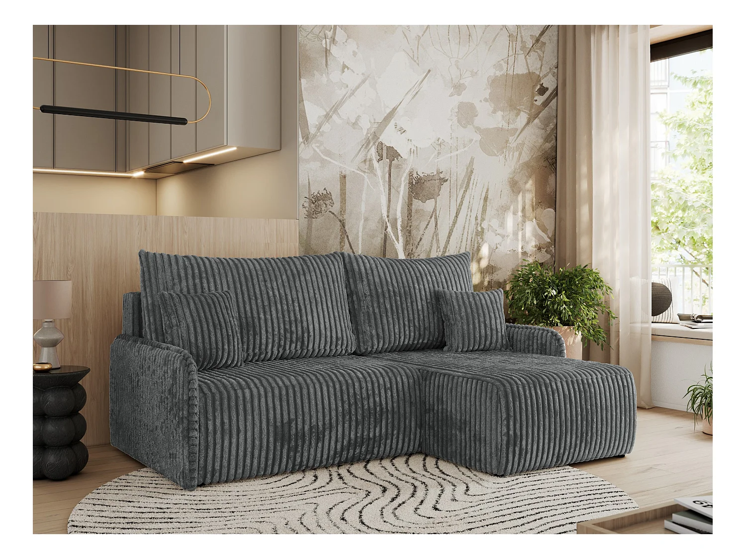 Ecksofa ARPA - L-form Schlaffsofa, Bettkasten und lose Kissen, Armlehnen - Dunkelgrau Cord - Ecke Rechts