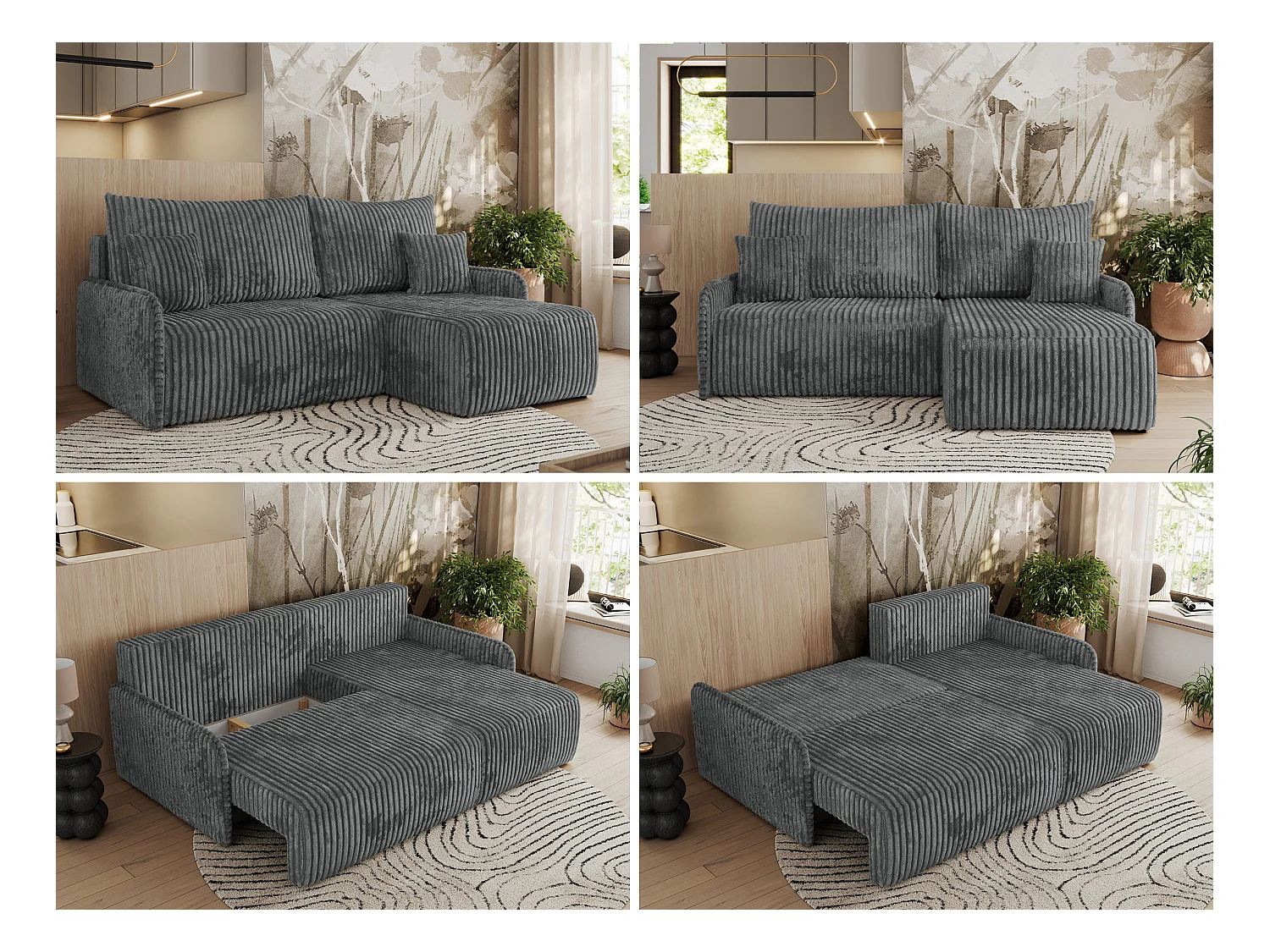 Ecksofa ARPA - L-form Schlaffsofa, Bettkasten und lose Kissen, Armlehnen - Dunkelgrau Cord - Ecke Rechts