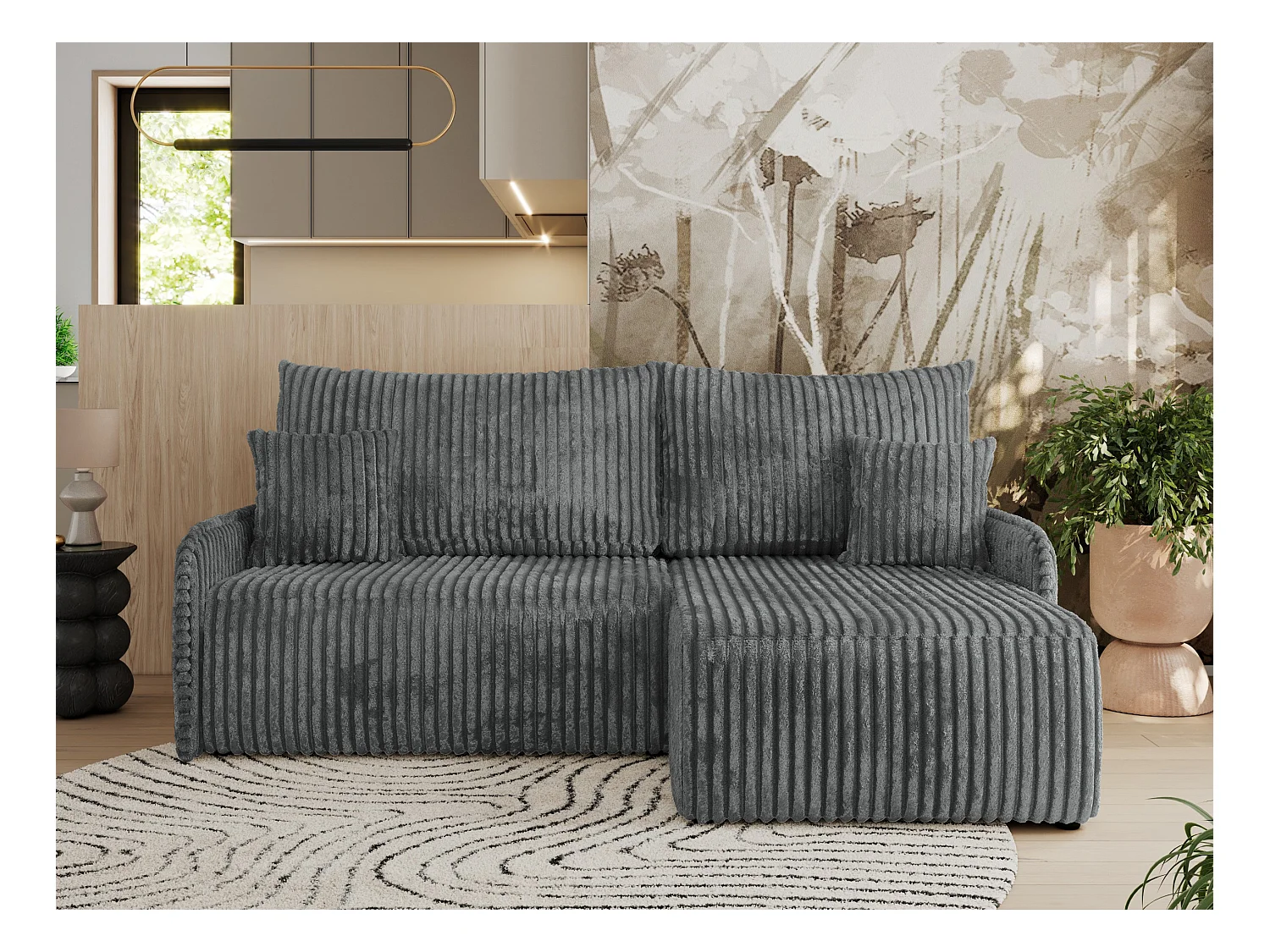 Ecksofa ARPA - L-form Schlaffsofa, Bettkasten und lose Kissen, Armlehnen - Dunkelgrau Cord - Ecke Rechts