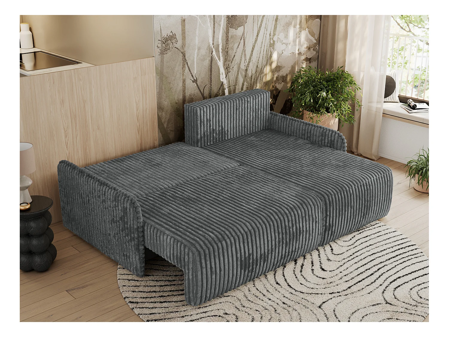 Ecksofa ARPA - L-form Schlaffsofa, Bettkasten und lose Kissen, Armlehnen - Dunkelgrau Cord - Ecke Rechts