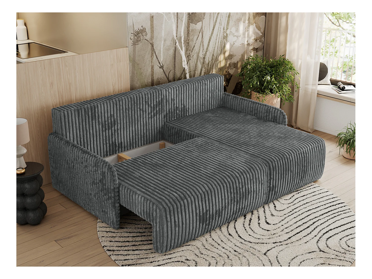 Ecksofa ARPA - L-form Schlaffsofa, Bettkasten und lose Kissen, Armlehnen - Dunkelgrau Cord - Ecke Rechts