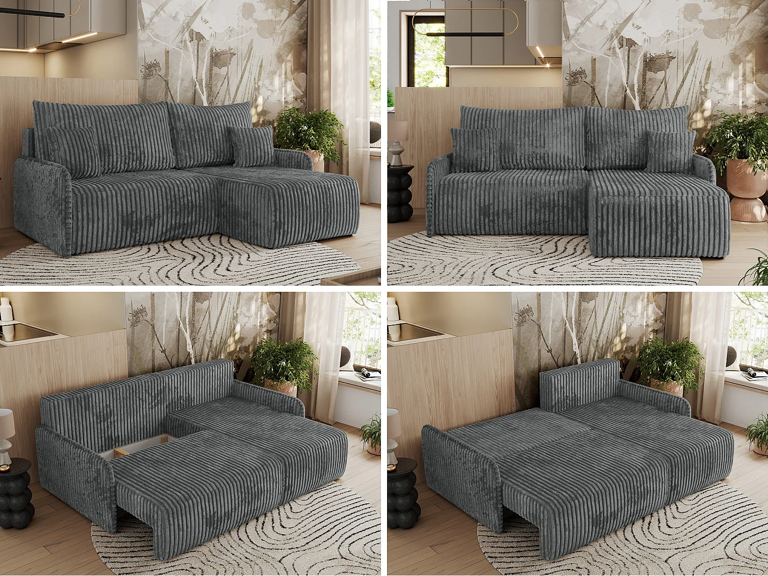 Ecksofa ARPA - L-form Schlaffsofa, Bettkasten und lose Kissen, Armlehnen - Dunkelgrau Cord - Ecke Rechts