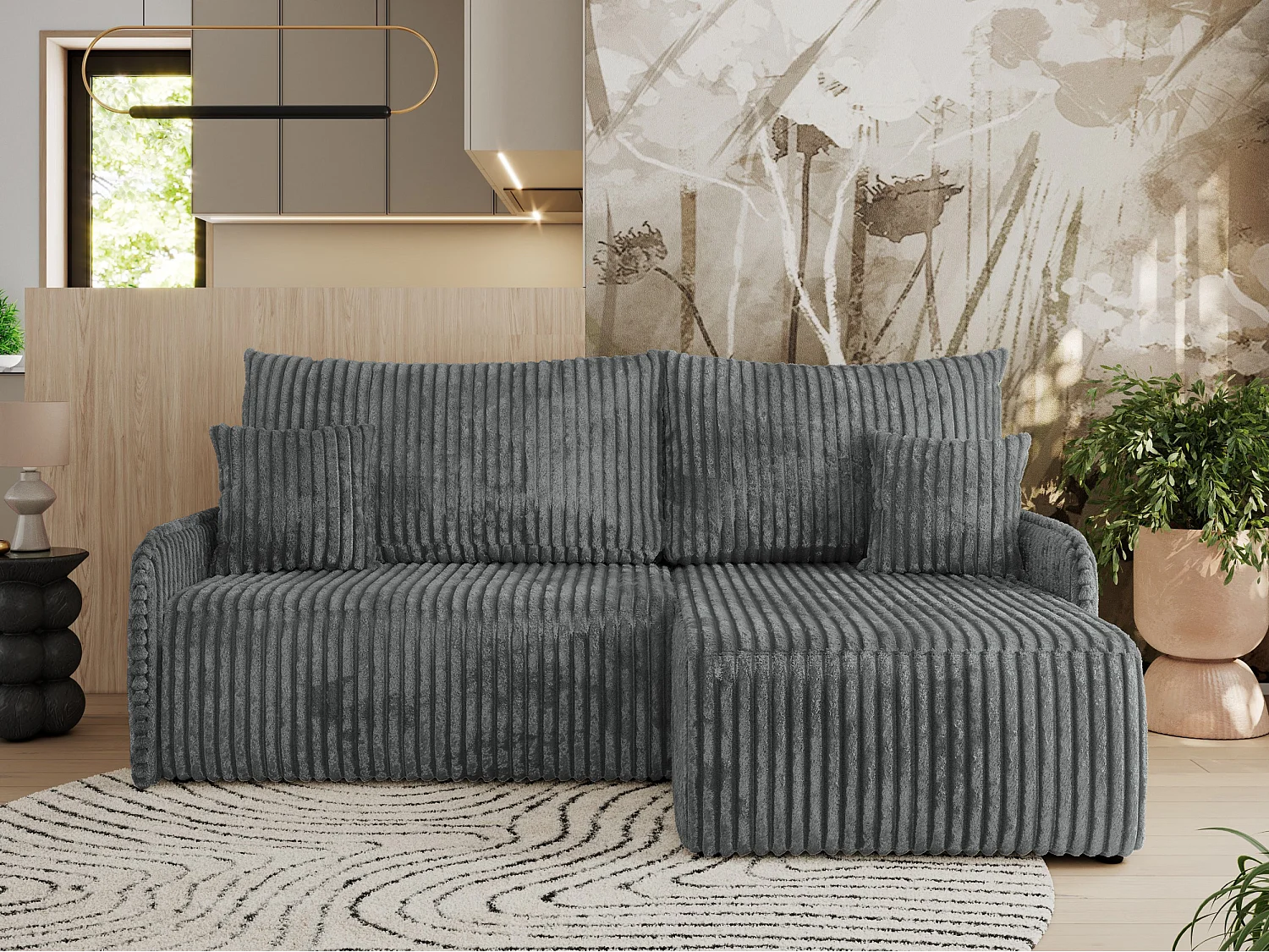 Ecksofa ARPA - L-form Schlaffsofa, Bettkasten und lose Kissen, Armlehnen - Dunkelgrau Cord - Ecke Rechts