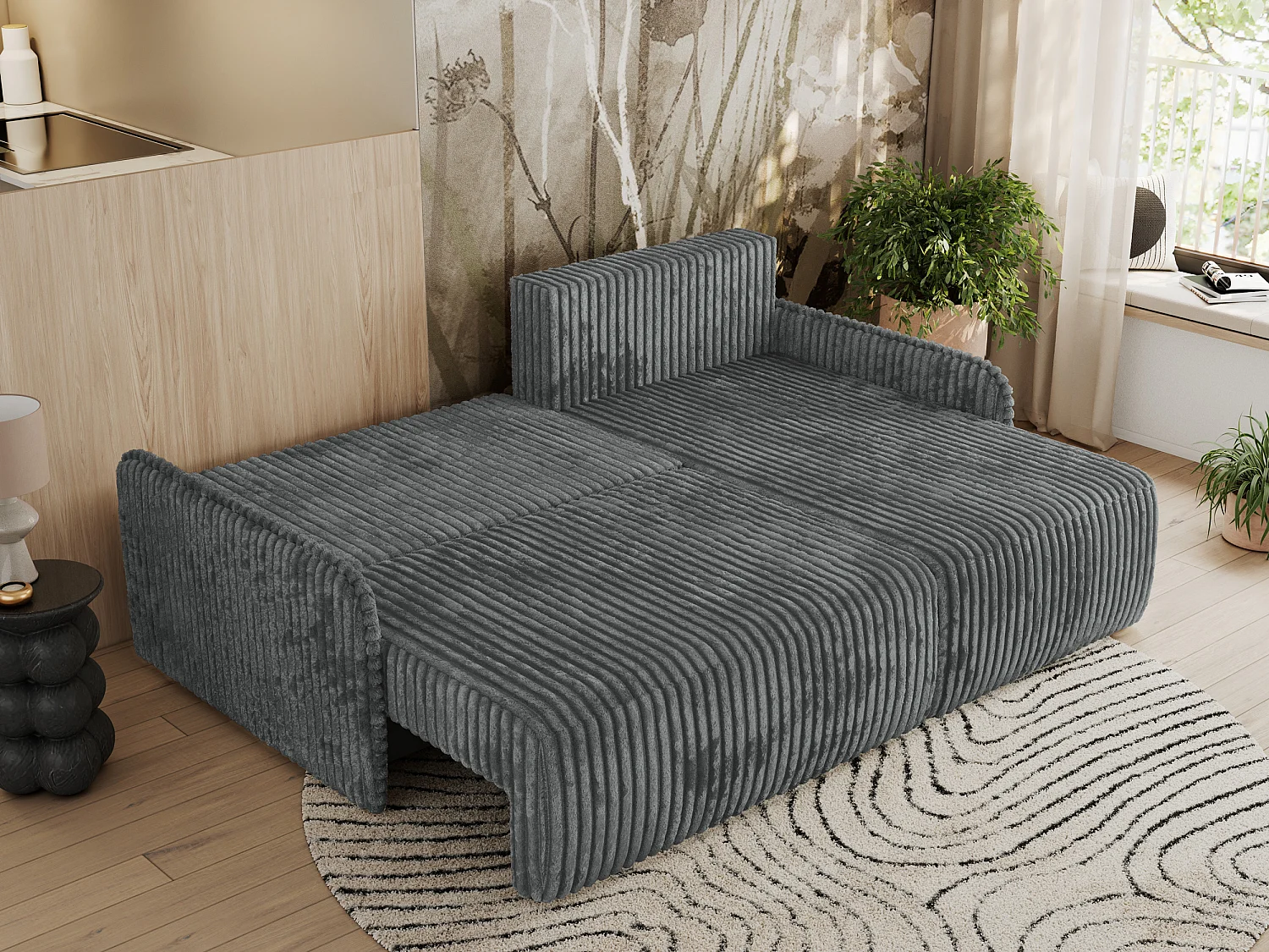 Ecksofa ARPA - L-form Schlaffsofa, Bettkasten und lose Kissen, Armlehnen - Dunkelgrau Cord - Ecke Rechts