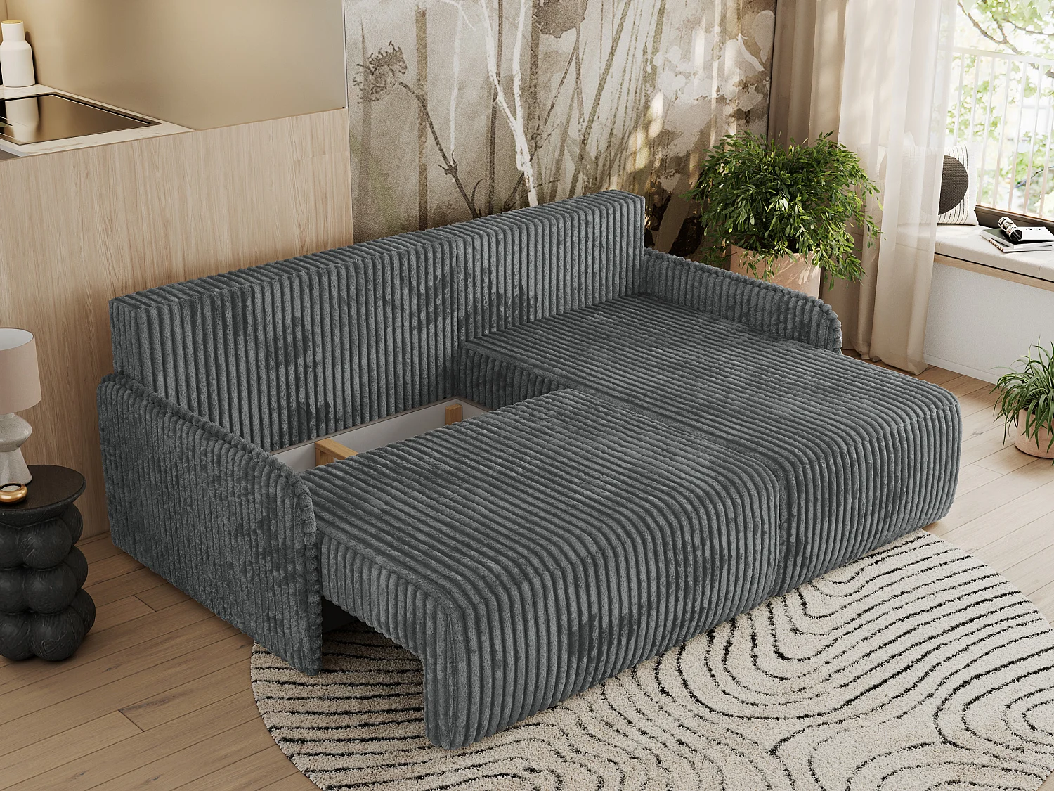 Ecksofa ARPA - L-form Schlaffsofa, Bettkasten und lose Kissen, Armlehnen - Dunkelgrau Cord - Ecke Rechts