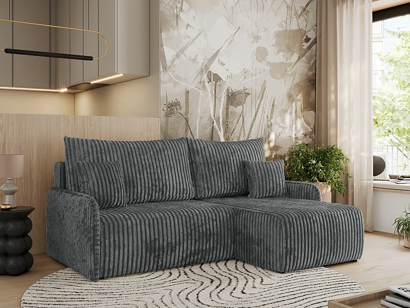 Ecksofa ARPA - L-form Schlaffsofa, Bettkasten und lose Kissen, Armlehnen - Dunkelgrau Cord - Ecke Rechts
