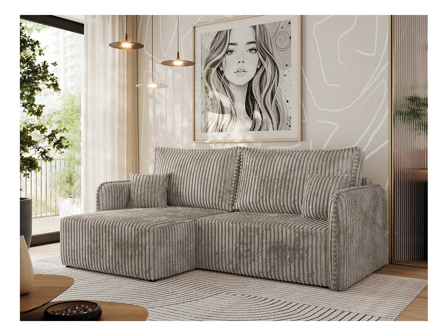 Ecksofa MESTO - Schlaffunktion und Bettkasten, L-form Couch für das Wohnzimmer, Armlehnen - Hellbraun Cord - Ecke Links