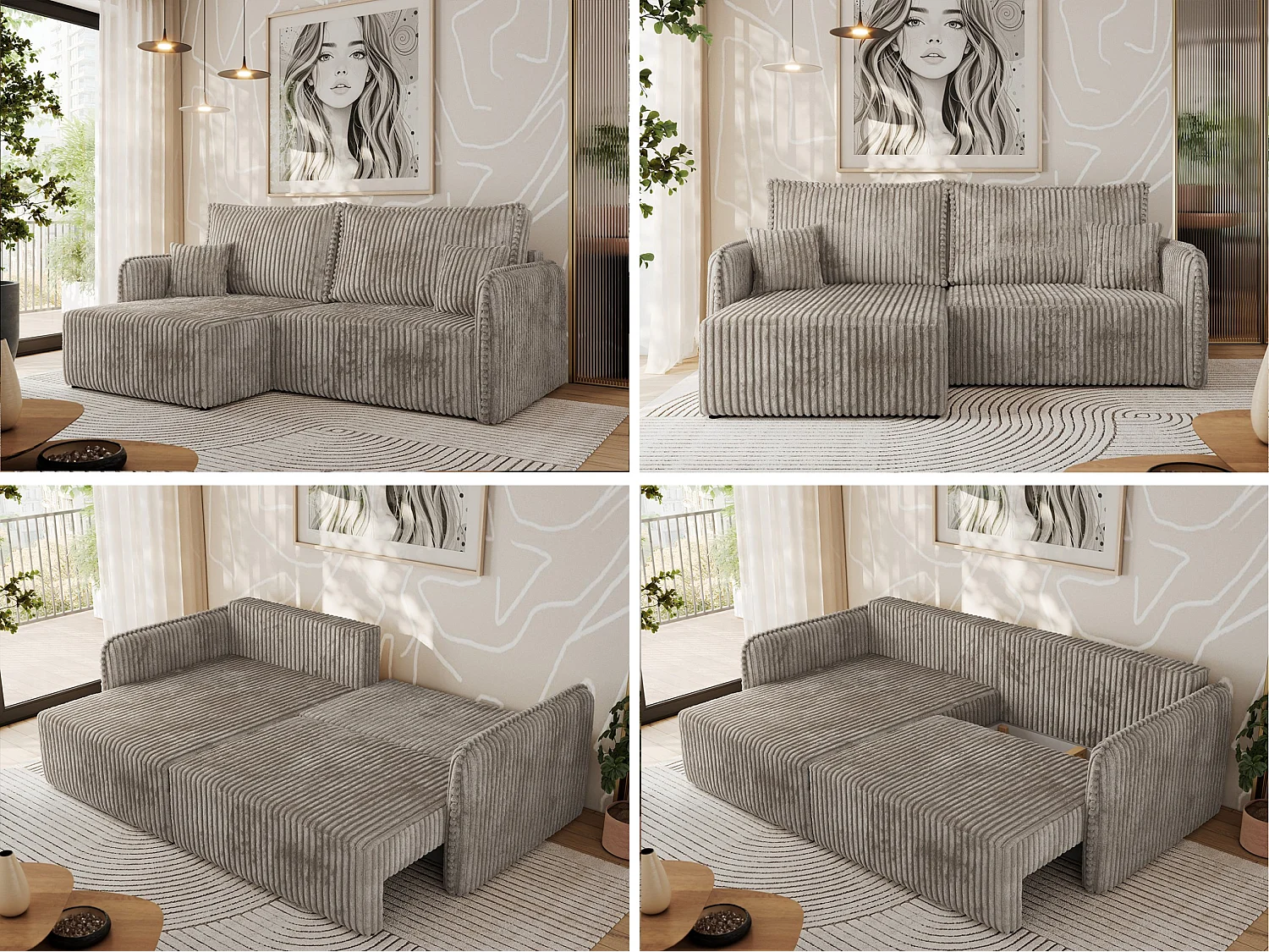 Ecksofa MESTO - Schlaffunktion und Bettkasten, L-form Couch für das Wohnzimmer, Armlehnen - Hellbraun Cord - Ecke Links