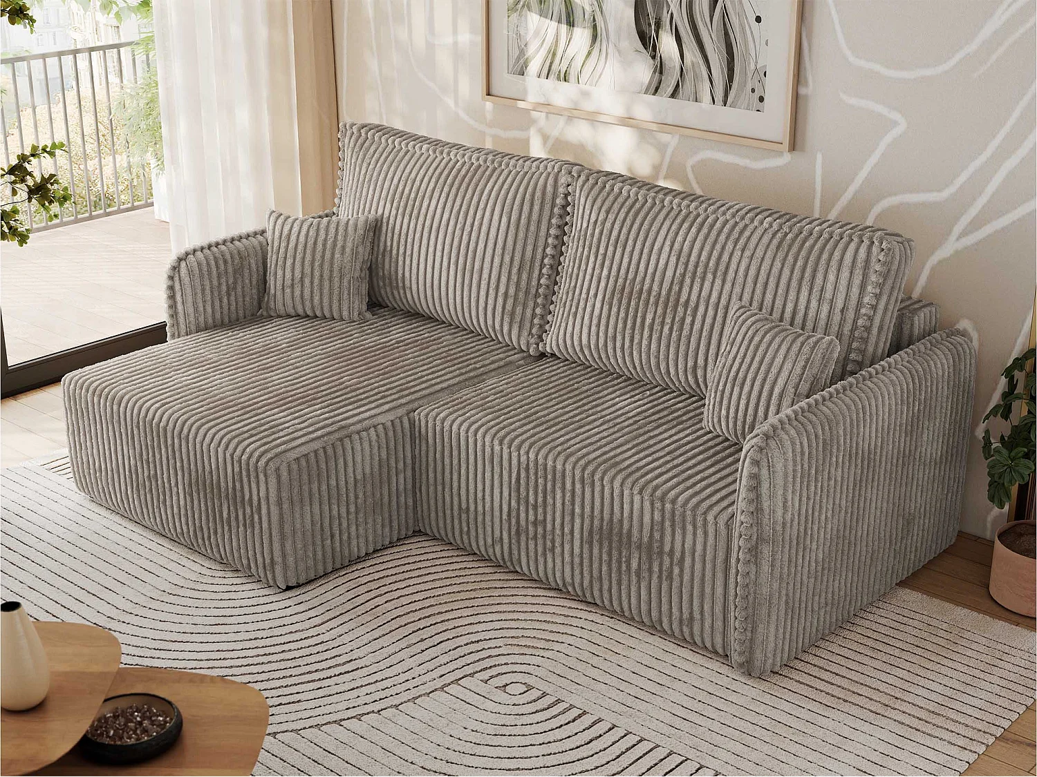 Ecksofa MESTO - Schlaffunktion und Bettkasten, L-form Couch für das Wohnzimmer, Armlehnen - Hellbraun Cord - Ecke Links