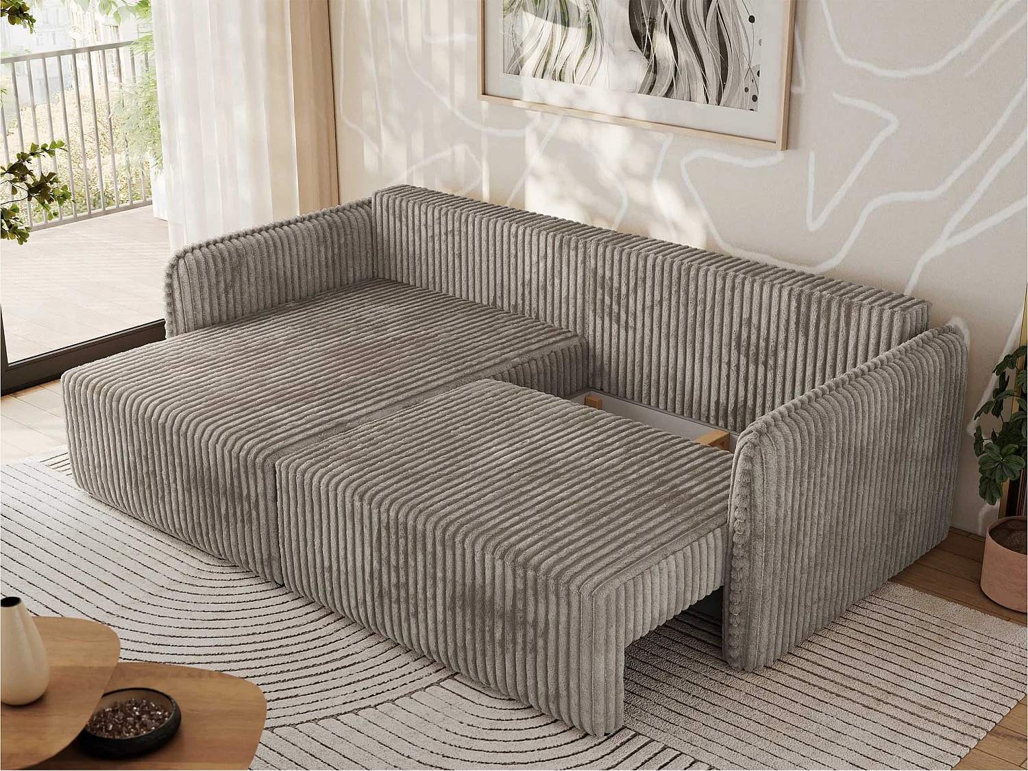 Ecksofa MESTO - Schlaffunktion und Bettkasten, L-form Couch für das Wohnzimmer, Armlehnen - Hellbraun Cord - Ecke Links