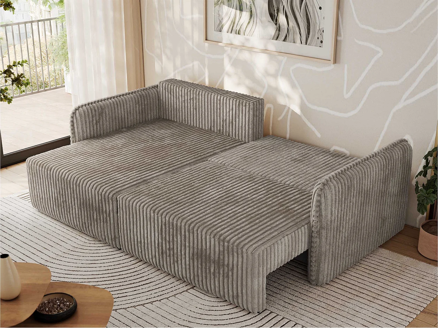 Ecksofa MESTO - Schlaffunktion und Bettkasten, L-form Couch für das Wohnzimmer, Armlehnen - Hellbraun Cord - Ecke Links