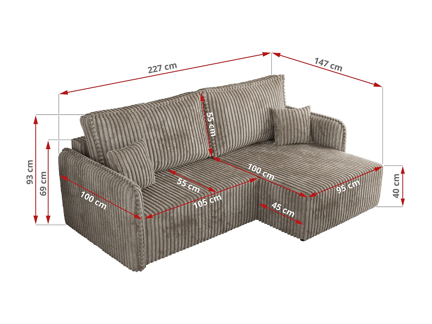 Ecksofa MESTO - Schlaffunktion und Bettkasten, L-form Couch für das Wohnzimmer, Armlehnen - Hellbraun Cord - Ecke Links