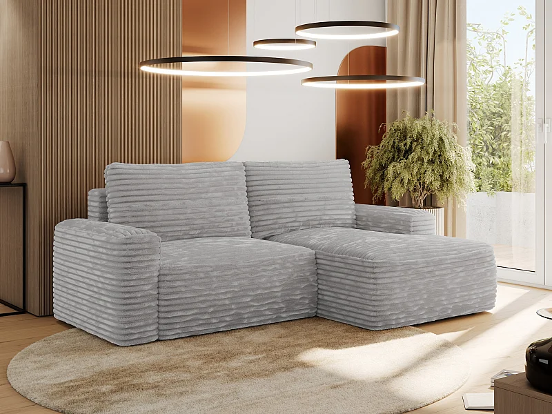 Ecksofa BELLUNO - Schlafsofa mit Bettkasten, Armlehnen, Couch L-form mit Schlaffunktion - Hellgrau Cord - Ecke Rechts