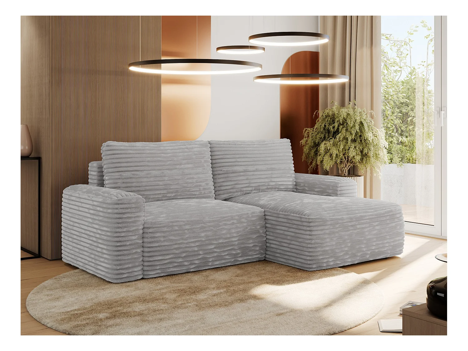 Ecksofa BELLUNO - Schlafsofa mit Bettkasten, Armlehnen, Couch L-form mit Schlaffunktion - Hellgrau Cord - Ecke Rechts