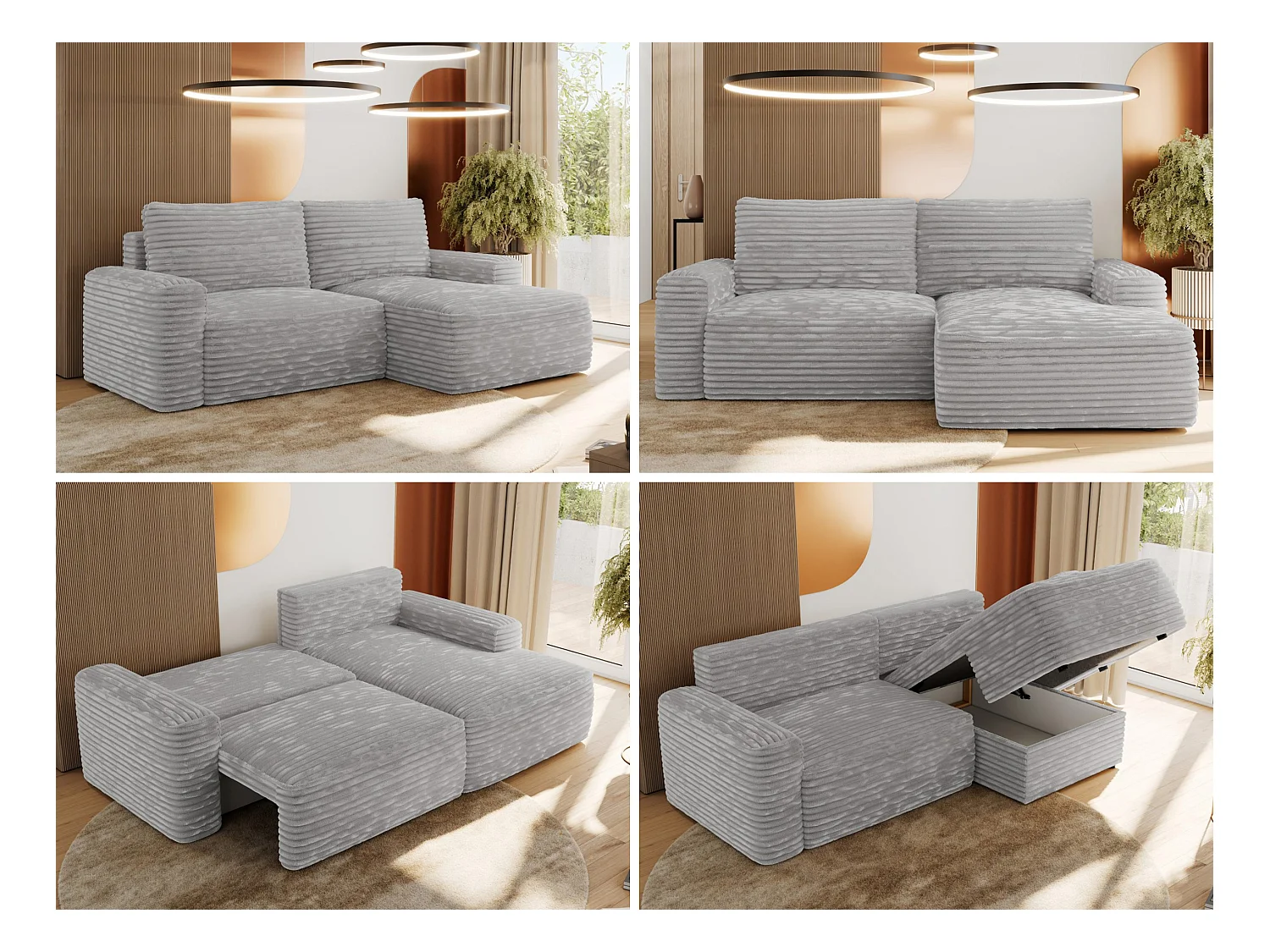 Ecksofa BELLUNO - Schlafsofa mit Bettkasten, Armlehnen, Couch L-form mit Schlaffunktion - Hellgrau Cord - Ecke Rechts
