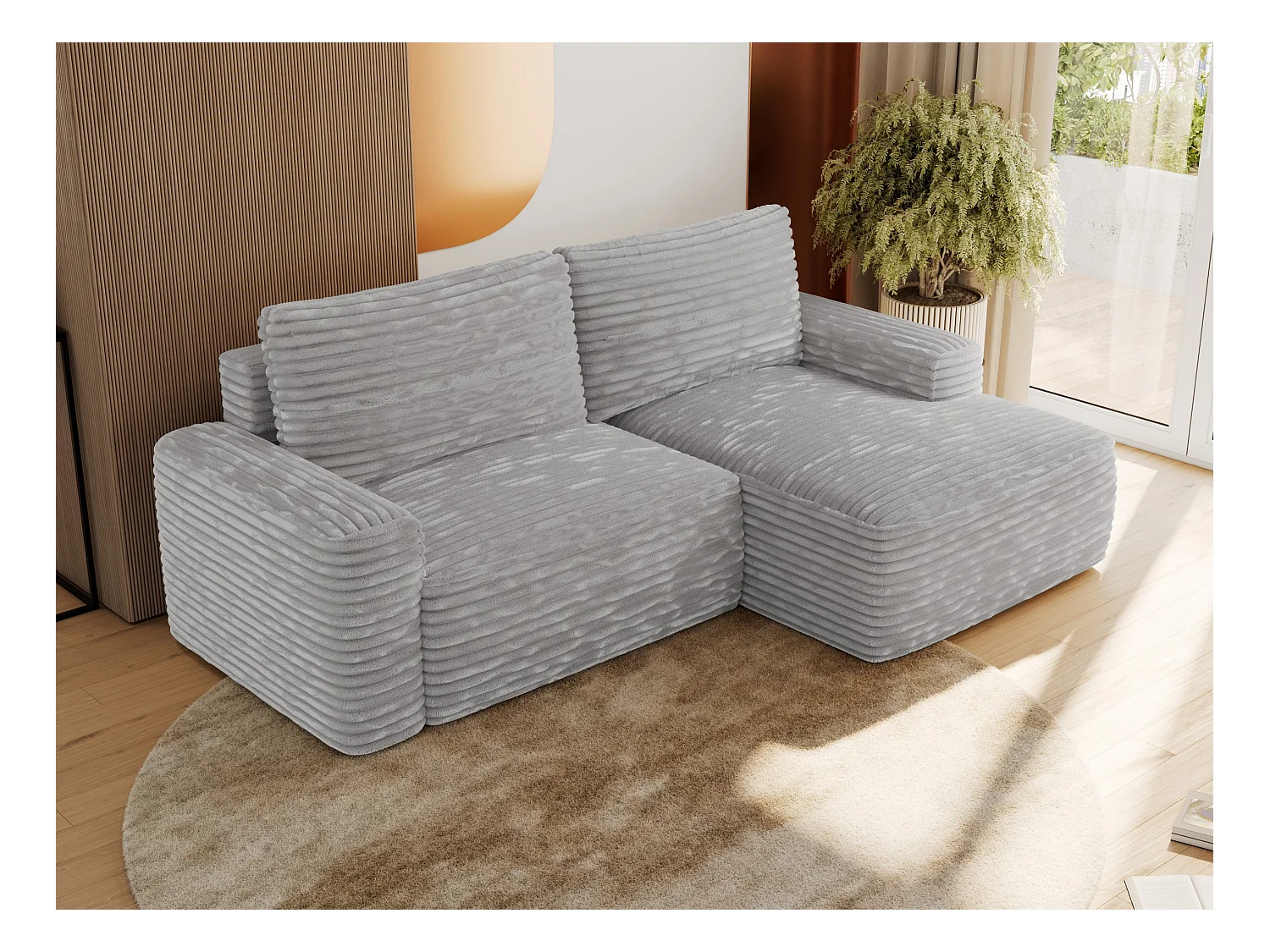 Ecksofa BELLUNO - Schlafsofa mit Bettkasten, Armlehnen, Couch L-form mit Schlaffunktion - Hellgrau Cord - Ecke Rechts