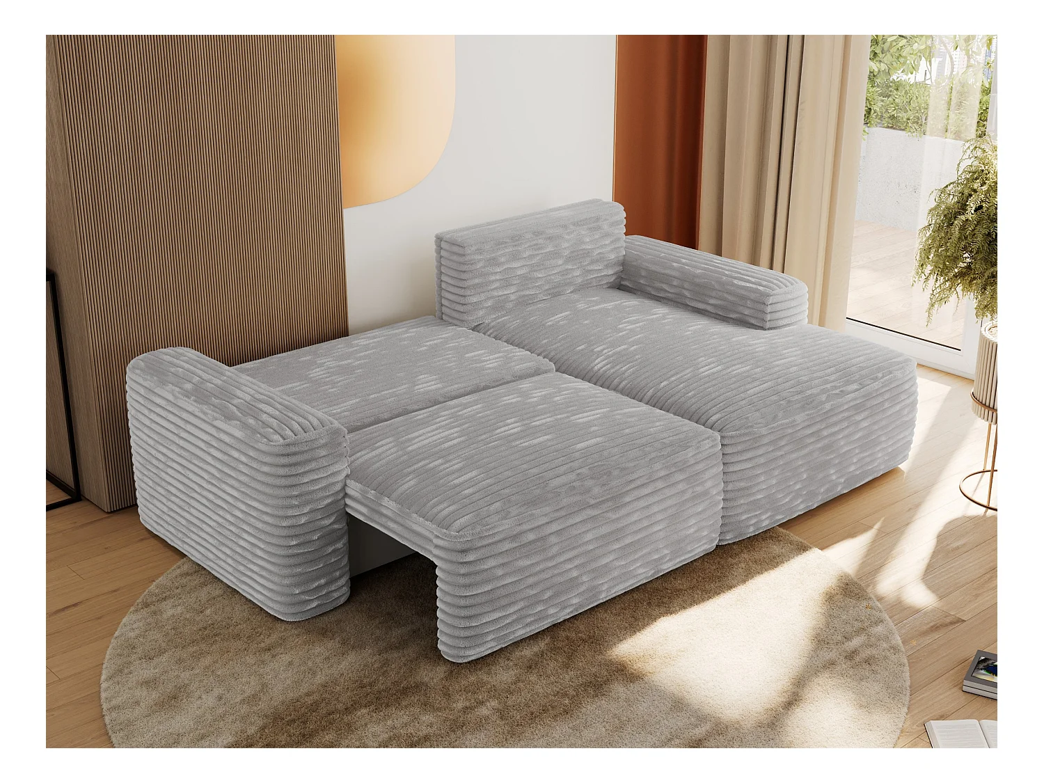 Ecksofa BELLUNO - Schlafsofa mit Bettkasten, Armlehnen, Couch L-form mit Schlaffunktion - Hellgrau Cord - Ecke Rechts