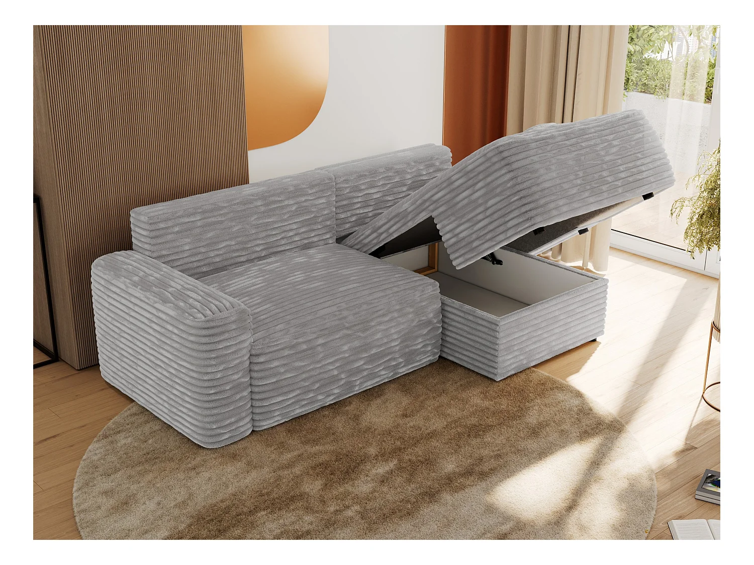 Ecksofa BELLUNO - Schlafsofa mit Bettkasten, Armlehnen, Couch L-form mit Schlaffunktion - Hellgrau Cord - Ecke Rechts