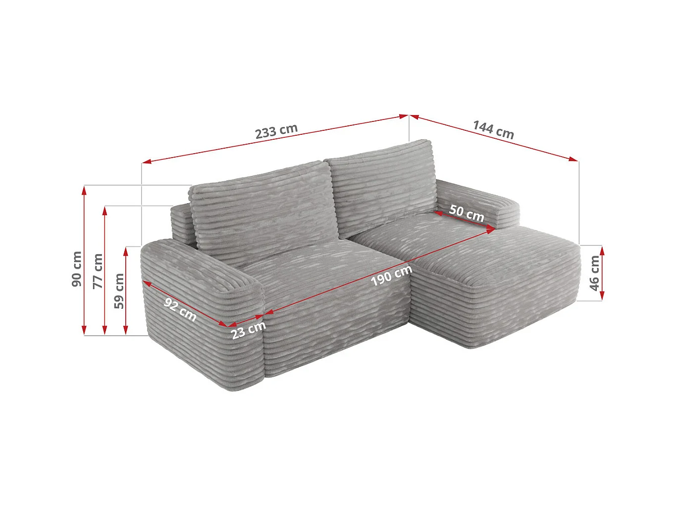 Ecksofa BELLUNO - Schlafsofa mit Bettkasten, Armlehnen, Couch L-form mit Schlaffunktion - Hellgrau Cord - Ecke Rechts
