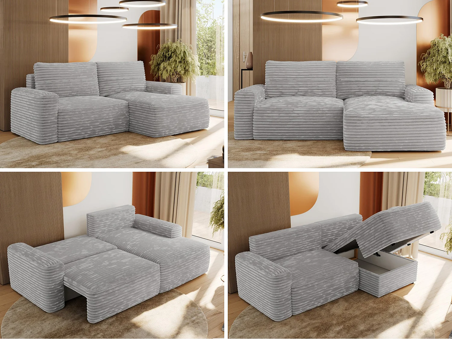 Ecksofa BELLUNO - Schlafsofa mit Bettkasten, Armlehnen, Couch L-form mit Schlaffunktion - Hellgrau Cord - Ecke Rechts